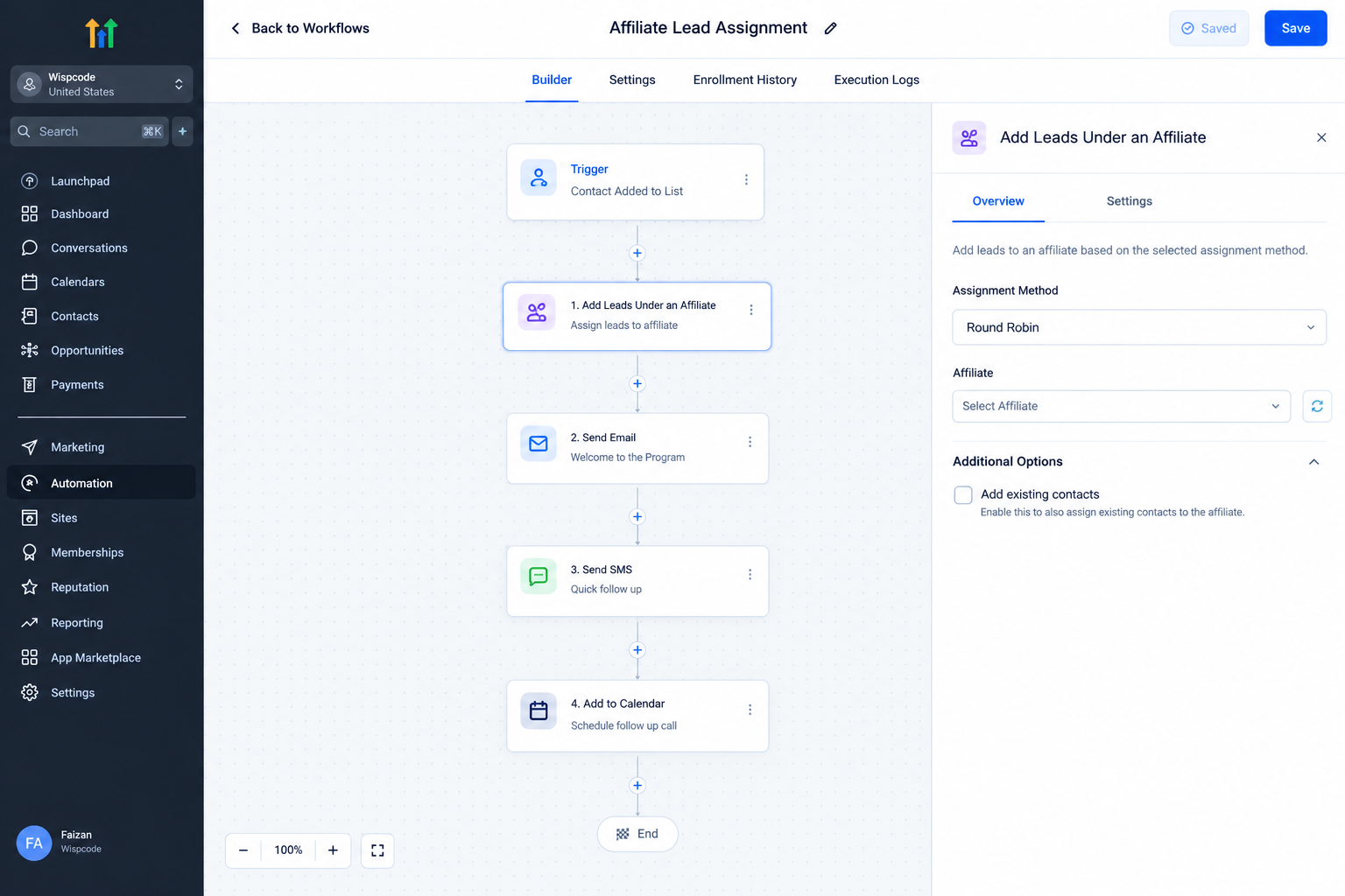 GoHighLevel workflow showing Add Leads Under an Affiliate action