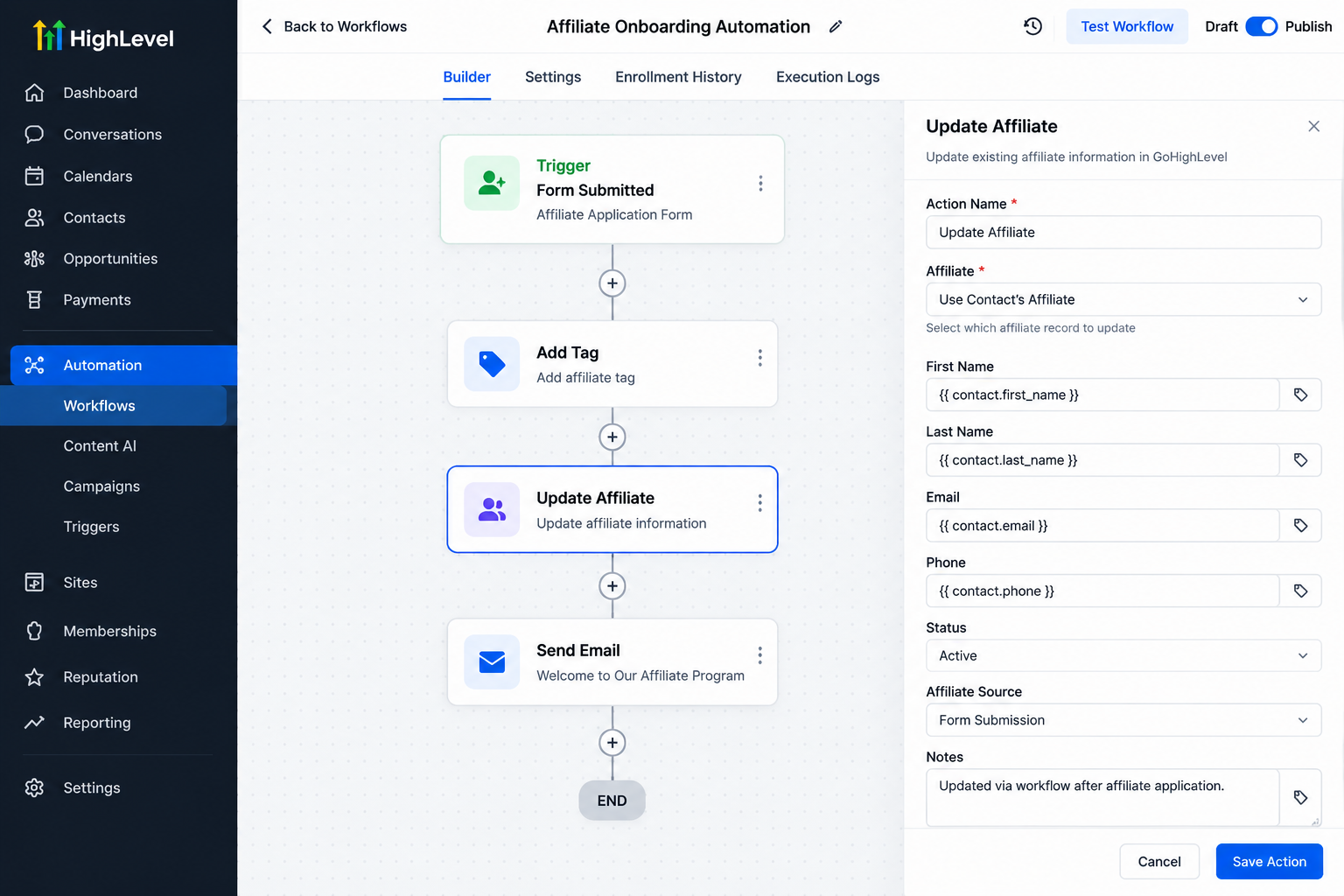 GoHighLevel workflow showing the Update Affiliate Action used for affiliate automation GoHighLevel workflow showing the Update Affiliate Action used for affiliate automation
