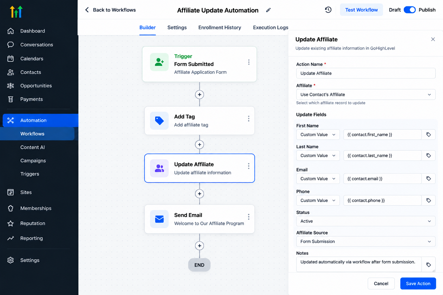 GoHighLevel Update Affiliate Action settings showing affiliate information fields and workflow configuration GoHighLevel Update Affiliate Action settings showing affiliate information fields and workflow configuration