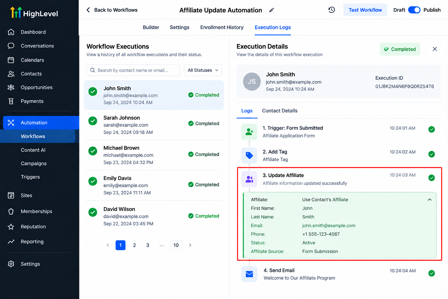 GoHighLevel workflow execution logs showing successful Update Affiliate automation GoHighLevel workflow execution logs showing successful Update Affiliate automation