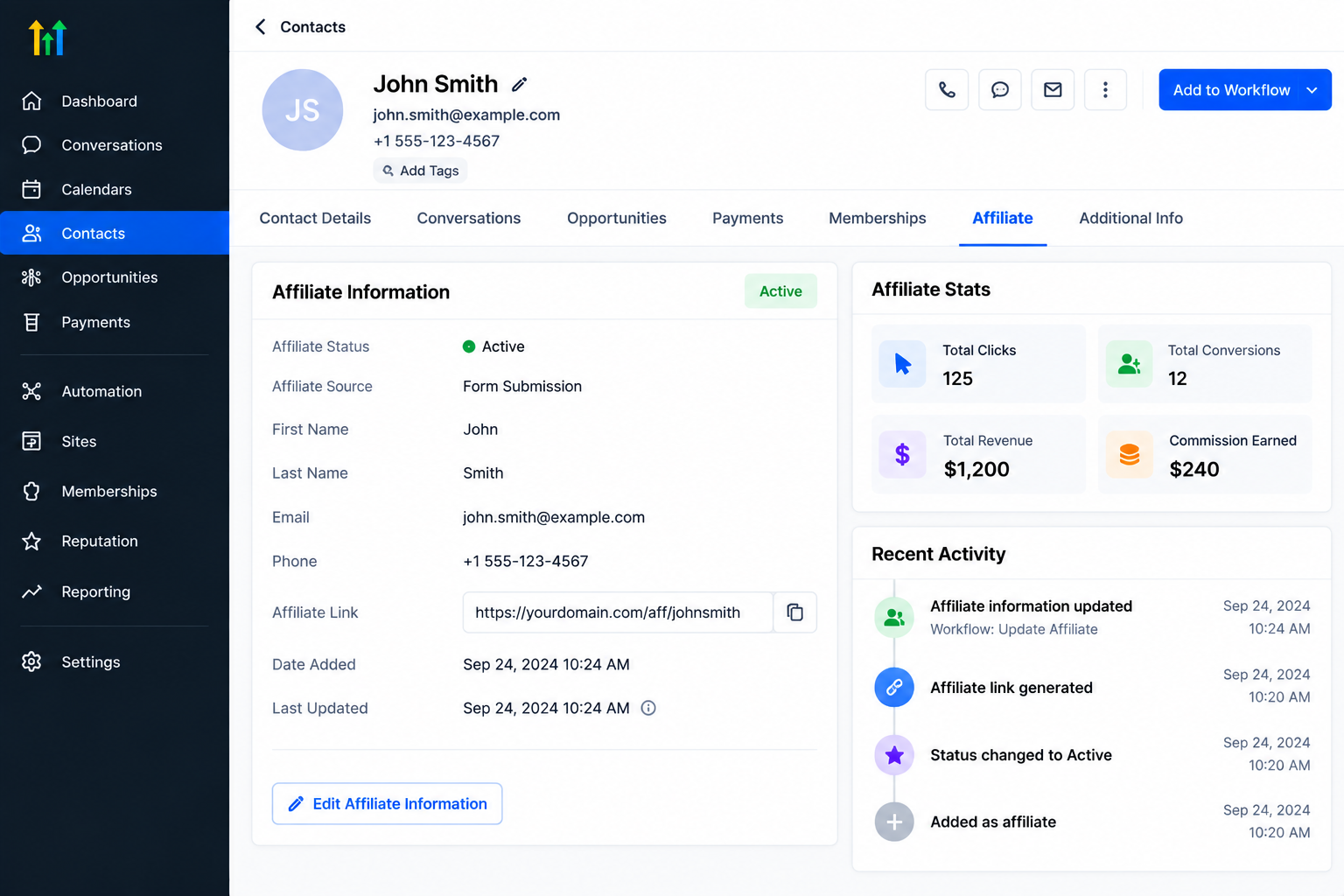 GoHighLevel CRM contact profile showing affiliate information, affiliate stats, and recent activity GoHighLevel CRM contact profile showing affiliate information, affiliate stats, and recent activity