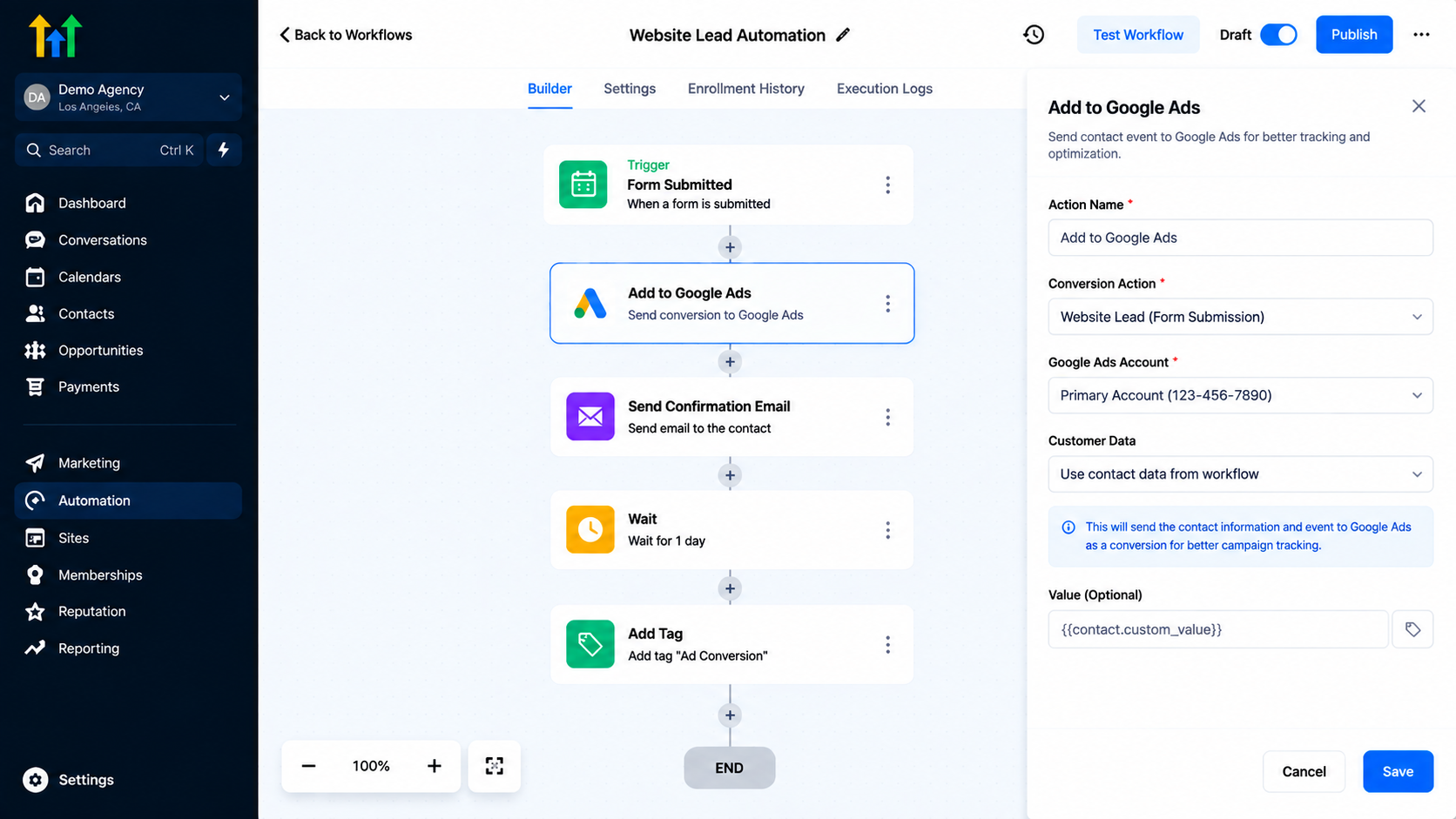 GoHighLevel workflow builder showing the Lead to Customer Conversion sequence with Google Ads integration