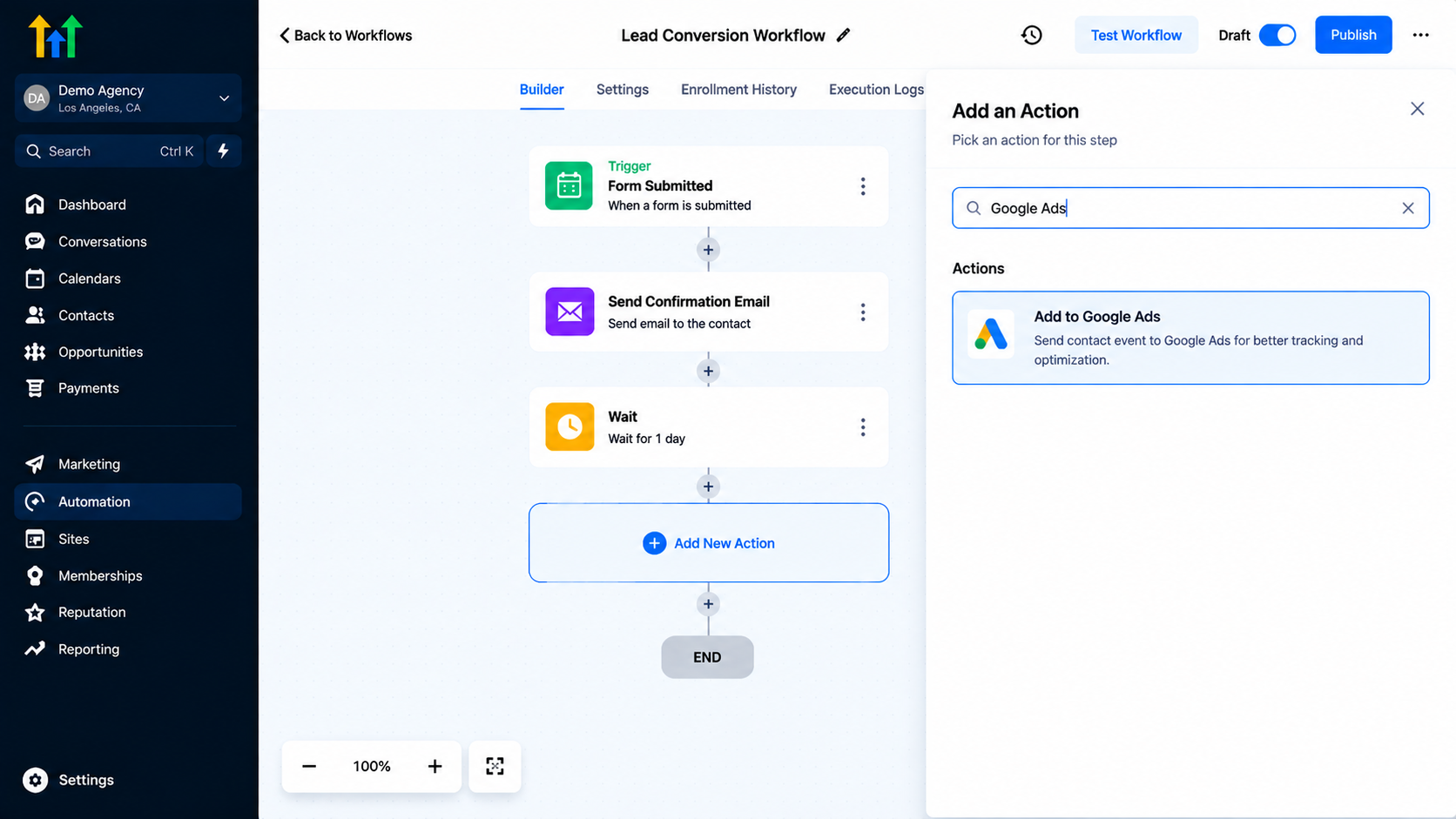 GoHighLevel workflow builder showing the action search panel to add Google Ads integration