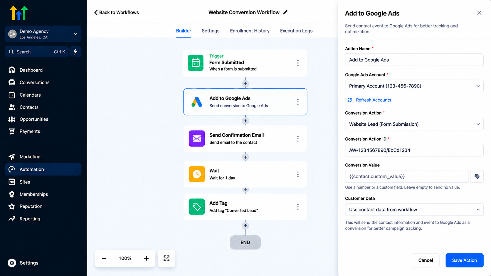 GoHighLevel workflow builder displaying a Website Conversion Workflow with Google Ads integration and lead tagging
