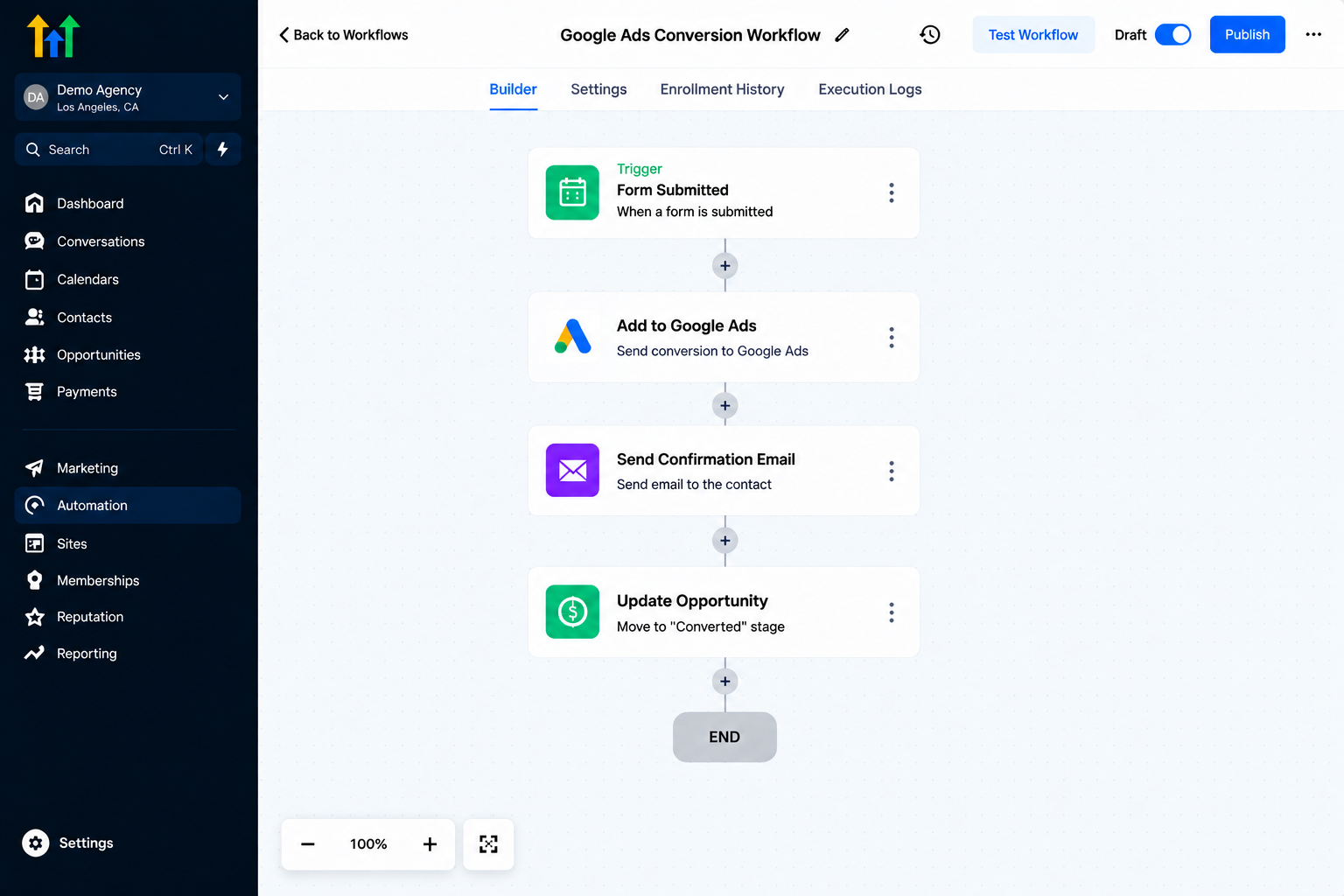 GoHighLevel workflow builder displaying a Google Ads Conversion Workflow sequence