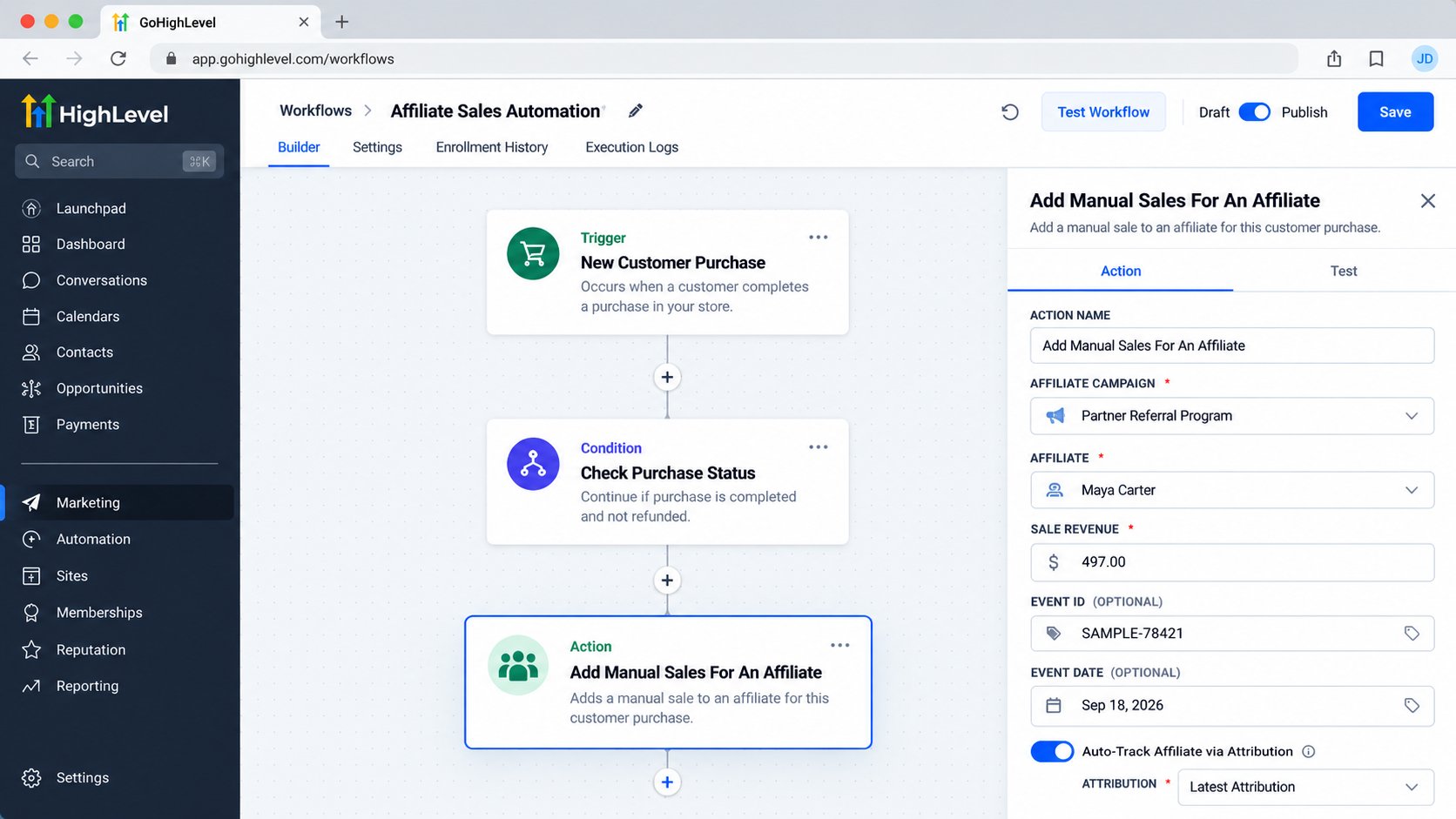 GoHighLevel Add Manual Sales For An Affiliate action configured with affiliate campaign, affiliate, sale revenue, event ID, event date, and attribution GoHighLevel Add Manual Sales For An Affiliate action configured with affiliate campaign, affiliate, sale revenue, event ID, event date, and attribution