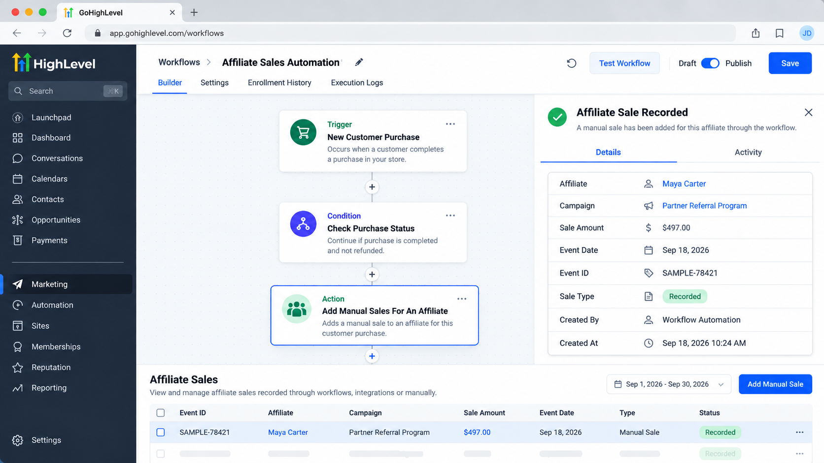 GoHighLevel affiliate sale record showing Maya Carter, Partner Referral Program, $497 sale revenue, event date, and event ID GoHighLevel affiliate sale record showing Maya Carter, Partner Referral Program, $497 sale revenue, event date, and event ID