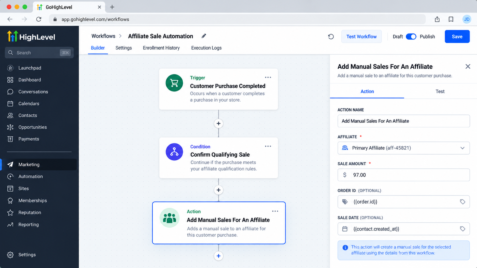 GoHighLevel affiliate sale automation workflow with purchase trigger, qualifying sale condition, and Add Manual Sales For An Affiliate action GoHighLevel affiliate sale automation workflow with purchase trigger, qualifying sale condition, and Add Manual Sales For An Affiliate action