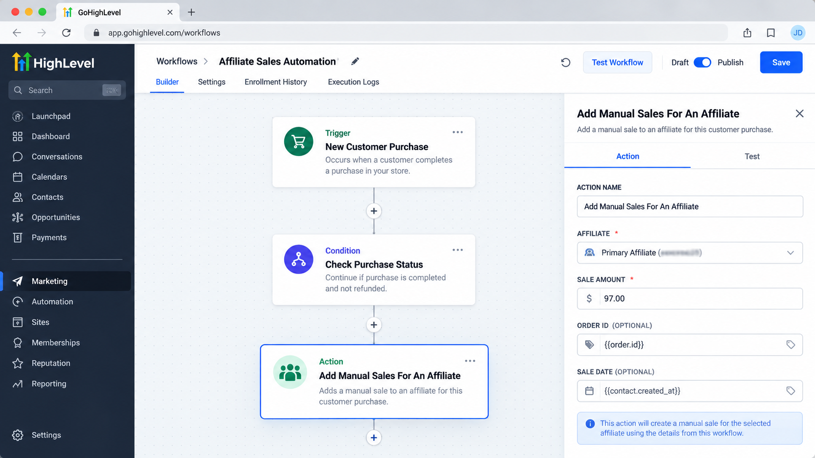 GoHighLevel workflow showing the Add Manual Sales For An Affiliate action after a purchase trigger and workflow condition GoHighLevel workflow showing the Add Manual Sales For An Affiliate action after a purchase trigger and workflow condition