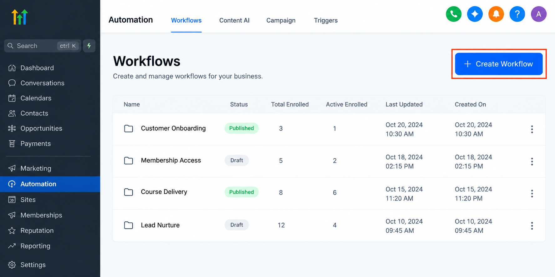 GoHighLevel Automation Workflows dashboard showing where users create workflows for course access automation GoHighLevel Automation Workflows dashboard showing where users create workflows for course access automation