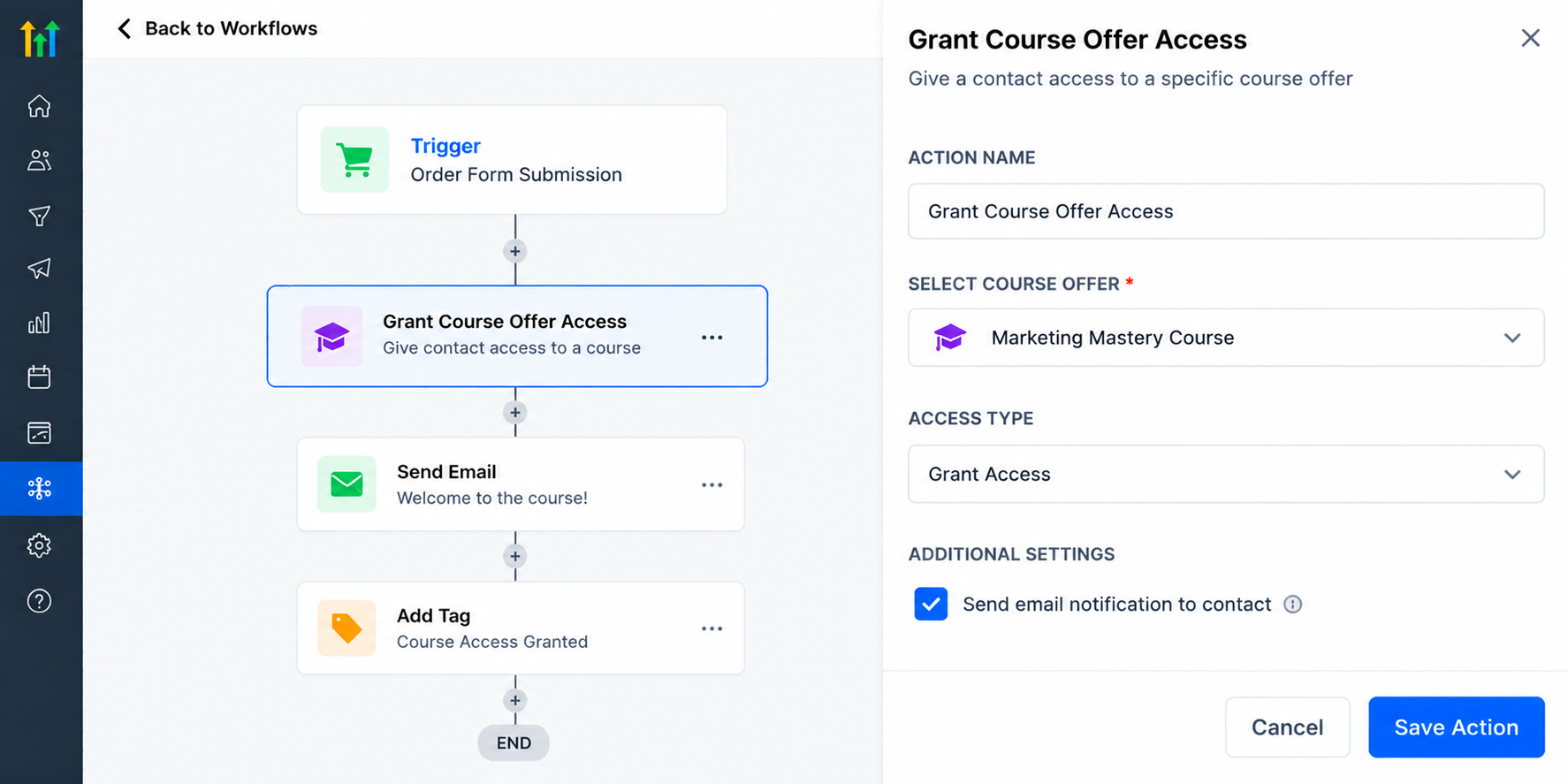 GoHighLevel Grant Course Offer Access action settings showing course offer selection inside a workflow GoHighLevel Grant Course Offer Access action settings showing course offer selection inside a workflow