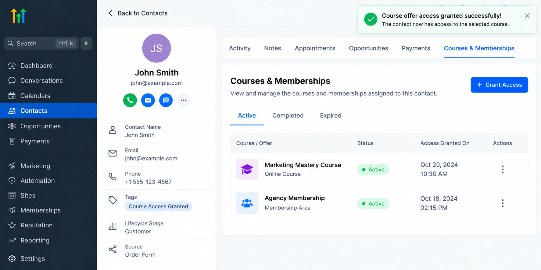 GoHighLevel contact profile showing granted course and membership access after automation GoHighLevel contact profile showing granted course and membership access after automation