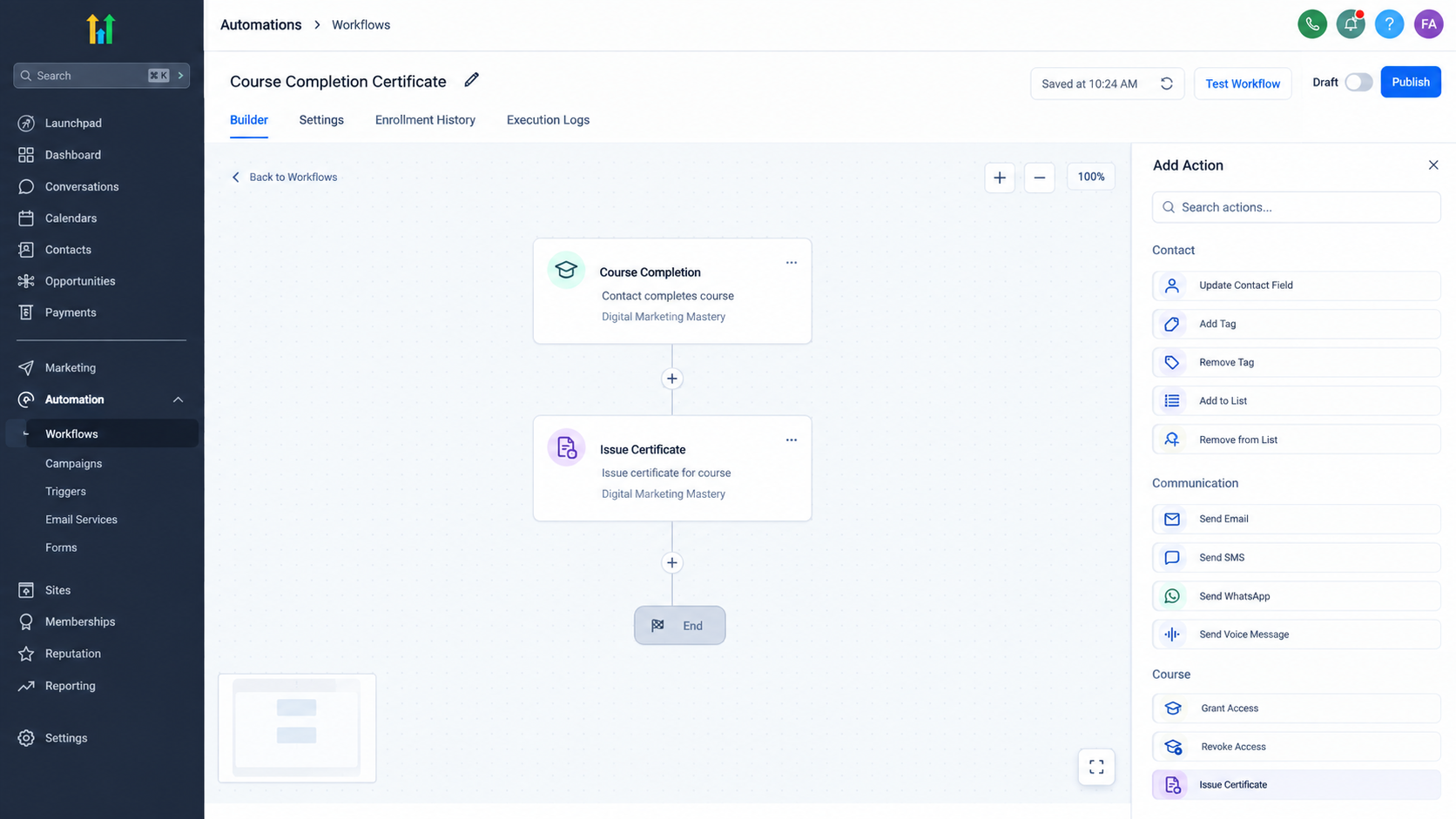GoHighLevel Workflow Builder showing the Issue Certificate Action after a course completion trigger GoHighLevel Workflow Builder showing the Issue Certificate Action after a course completion trigger