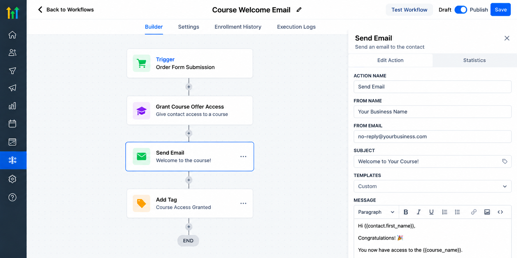 GoHighLevel workflow automation showing course access, welcome email, and customer onboarding sequence GoHighLevel workflow automation showing course access, welcome email, and customer onboarding sequence