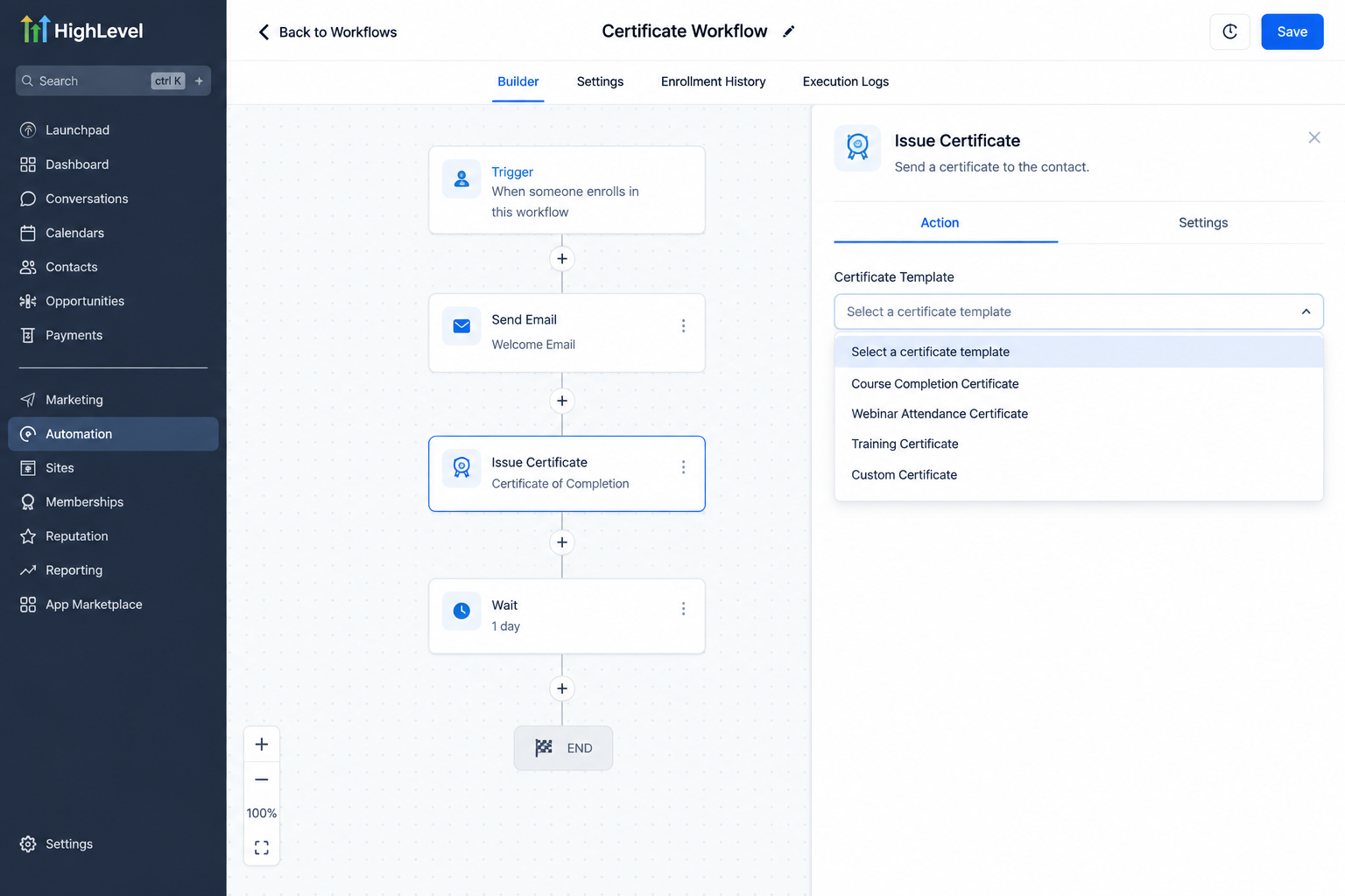GoHighLevel Issue Certificate Action showing certificate template selection GoHighLevel Issue Certificate Action showing certificate template selection