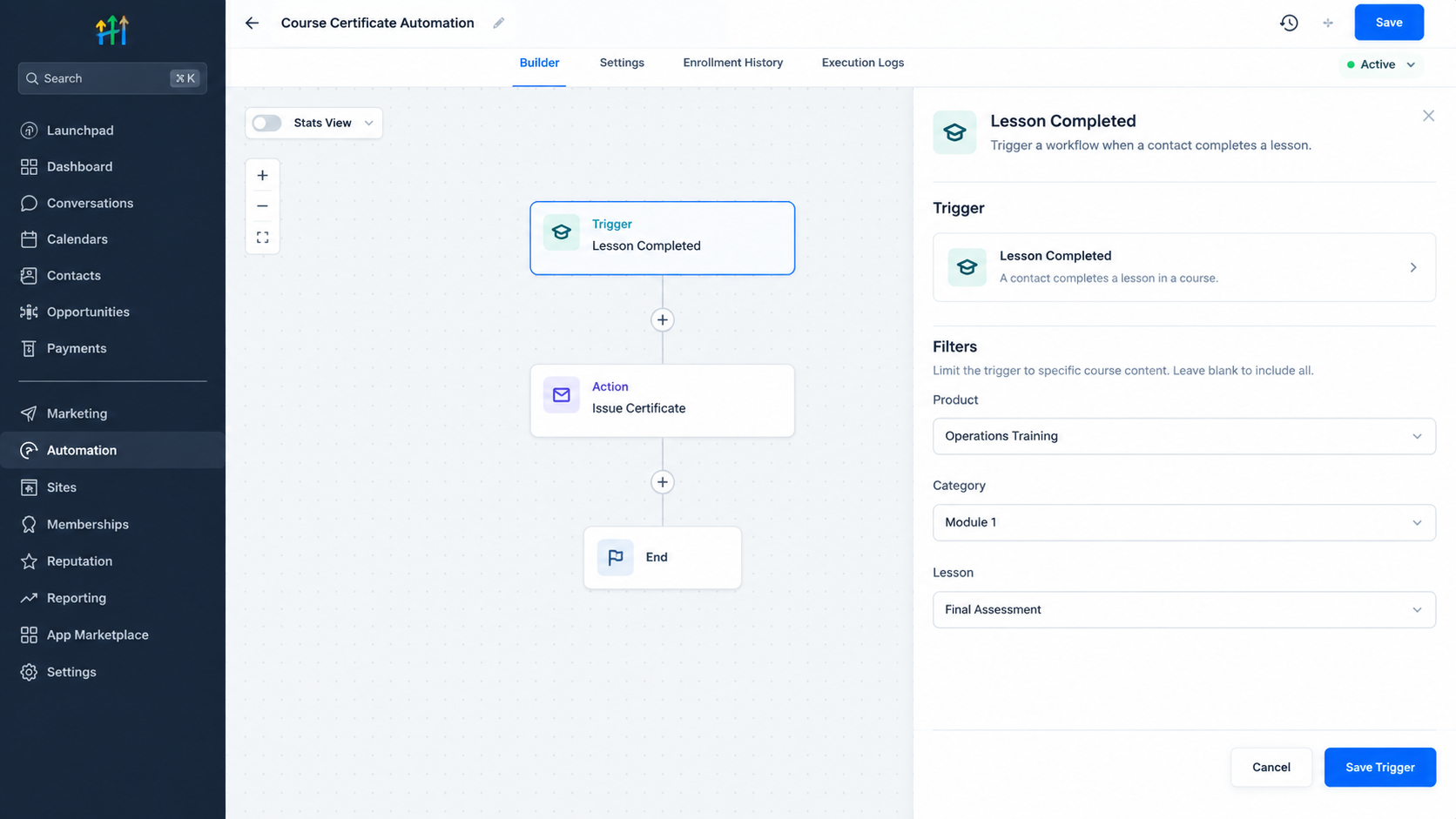 GoHighLevel Lesson Completed trigger configured for a course completion workflow GoHighLevel Lesson Completed trigger configured for a course completion workflow