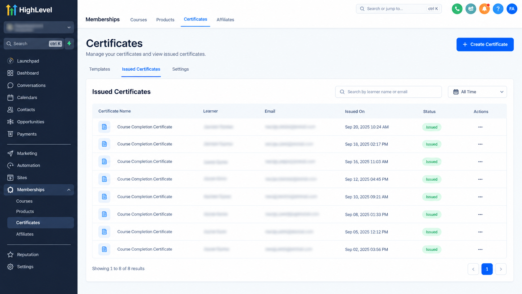 GoHighLevel Issued Certificates dashboard showing certificates issued to learners GoHighLevel Issued Certificates dashboard showing certificates issued to learners