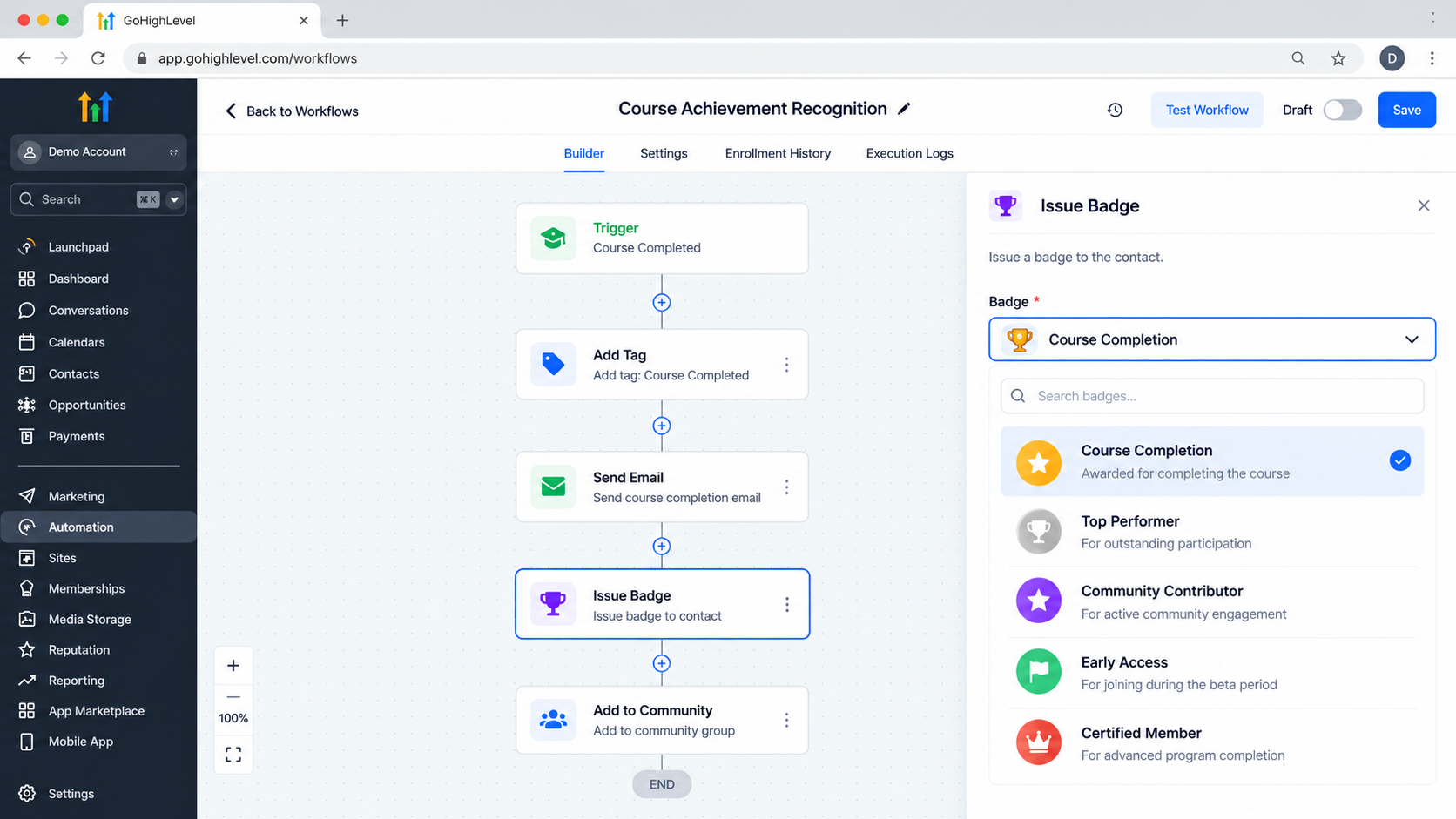 GoHighLevel Issue Badge workflow action configured with the Course Completion badge selected GoHighLevel Issue Badge workflow action configured with the Course Completion badge selected