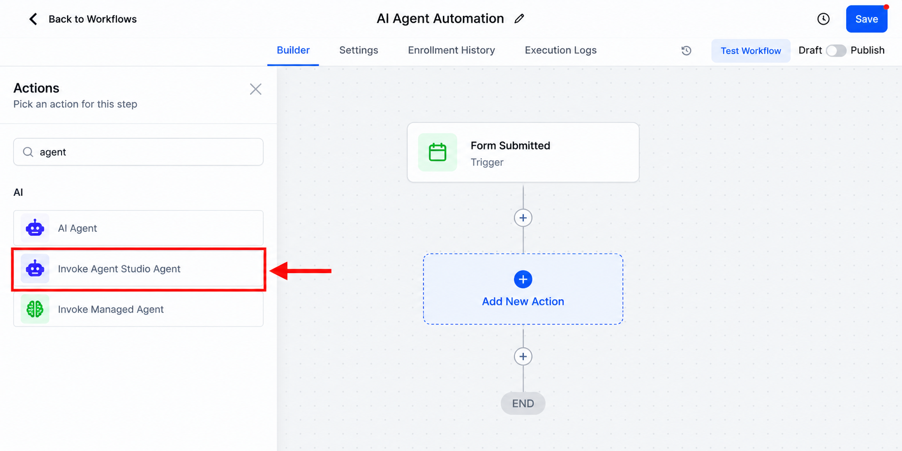 GoHighLevel workflow showing the Invoke Agent Studio Agent action for automating AI agent execution. GoHighLevel workflow showing the Invoke Agent Studio Agent action for automating AI agent execution.