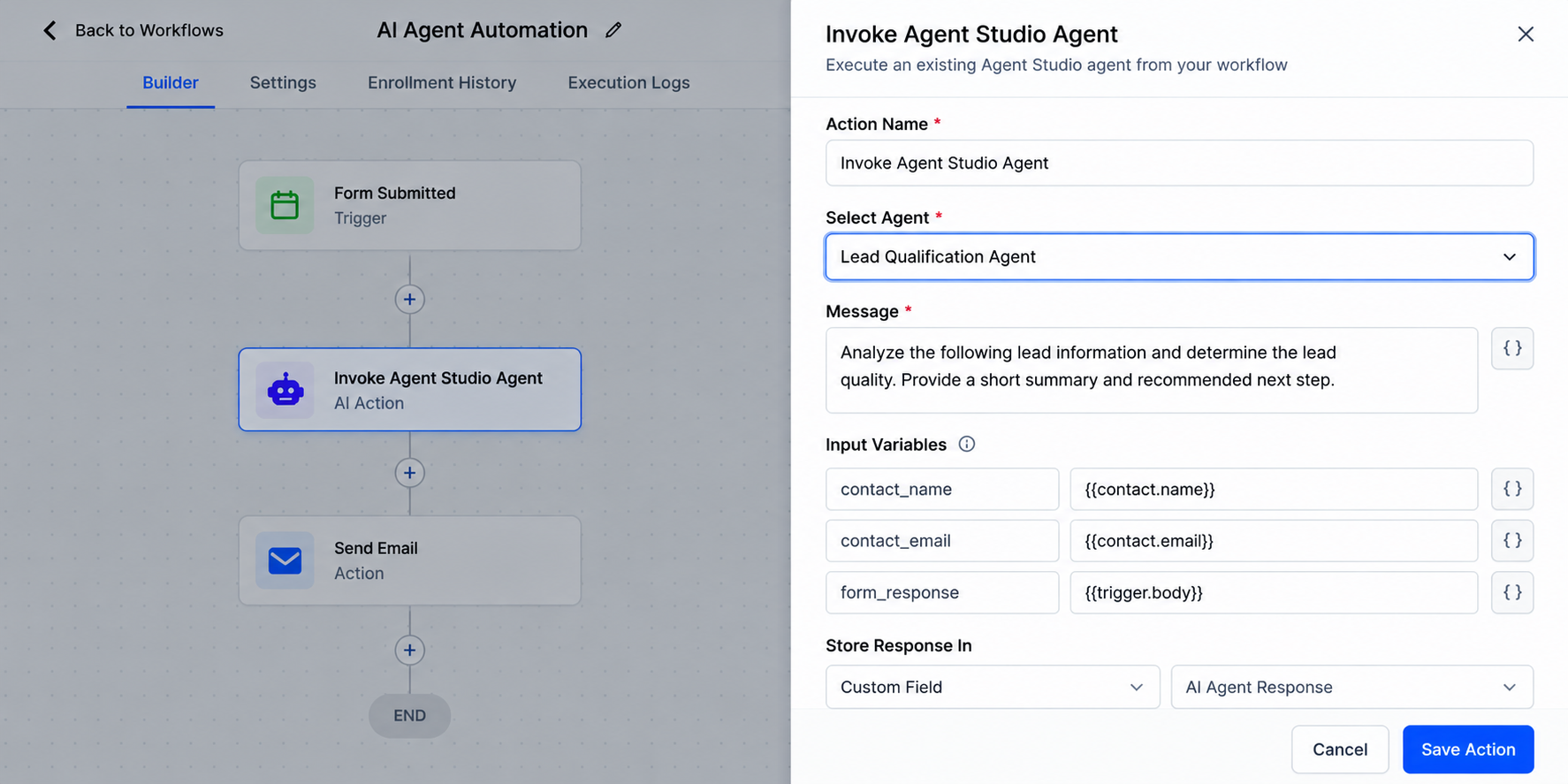 GoHighLevel Invoke Agent Studio Agent configuration showing agent selection, message, input variables, and response settings. GoHighLevel Invoke Agent Studio Agent configuration showing agent selection, message, input variables, and response settings.