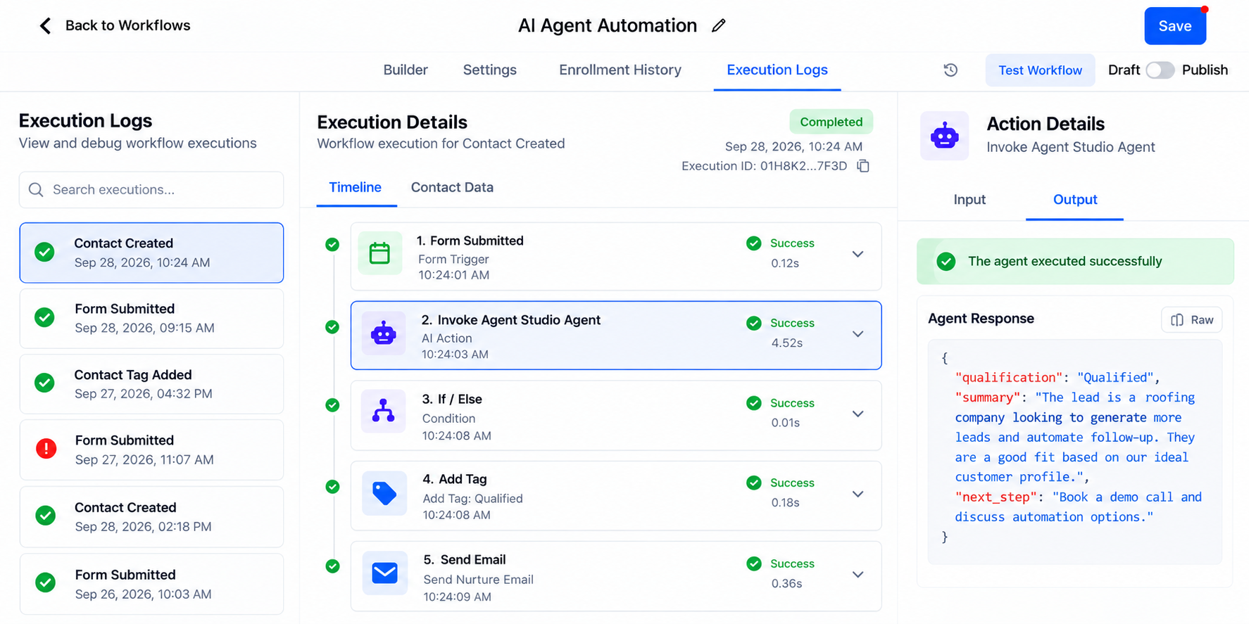 GoHighLevel workflow execution logs showing successful AI Agent execution and the agent response output. GoHighLevel workflow execution logs showing successful AI Agent execution and the agent response output.