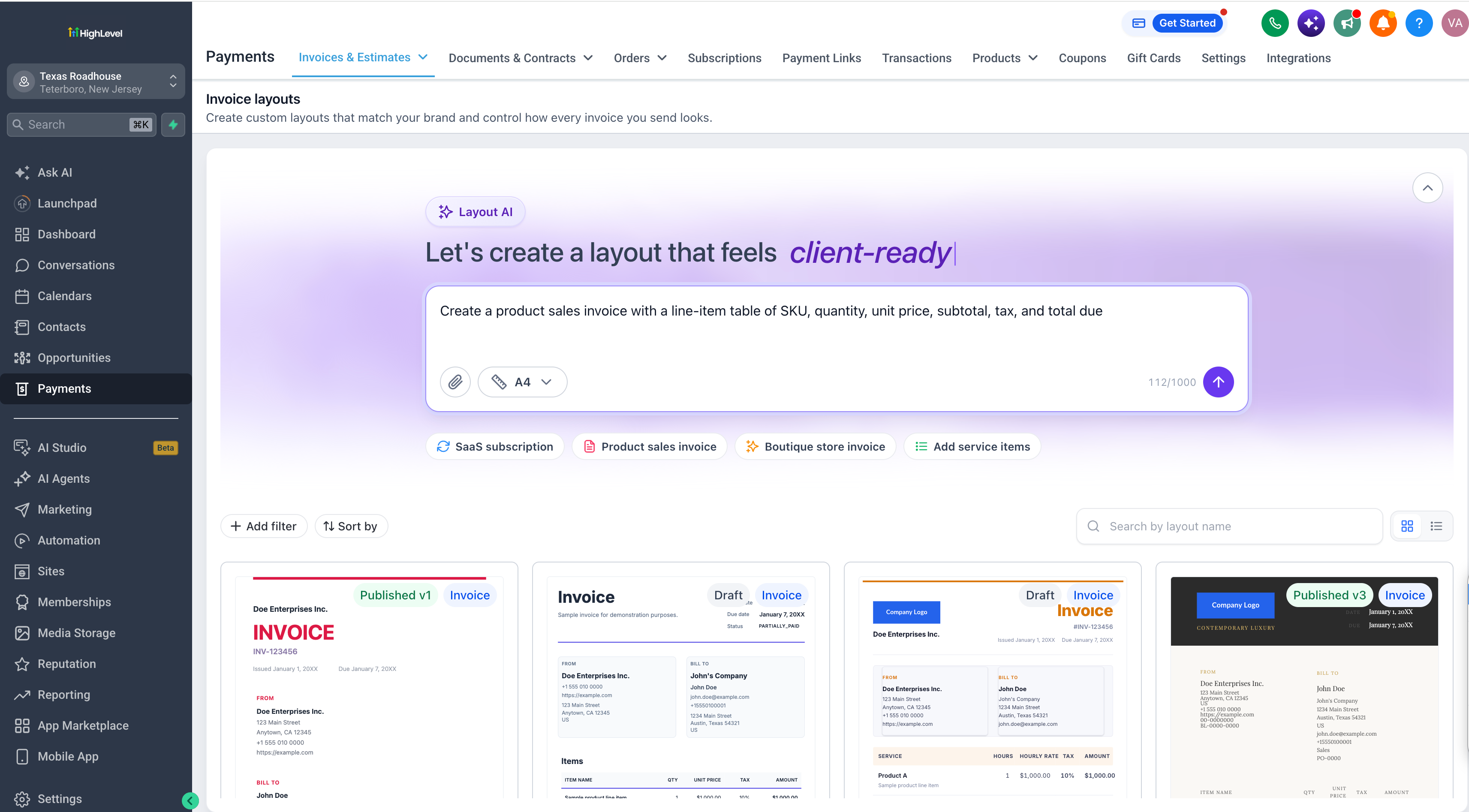 GoHighLevel Invoice Layouts page showing the Layout AI builder and custom invoice layouts GoHighLevel Invoice Layouts page showing the Layout AI builder and custom invoice layouts