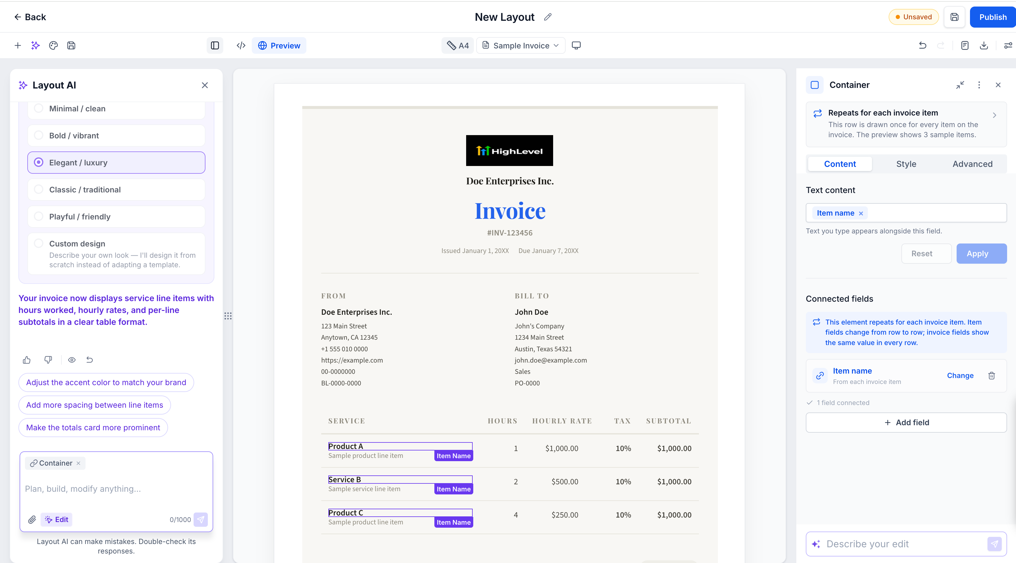 GoHighLevel New Layout builder showing Layout AI and visual invoice editing controls GoHighLevel New Layout builder showing Layout AI and visual invoice editing controls