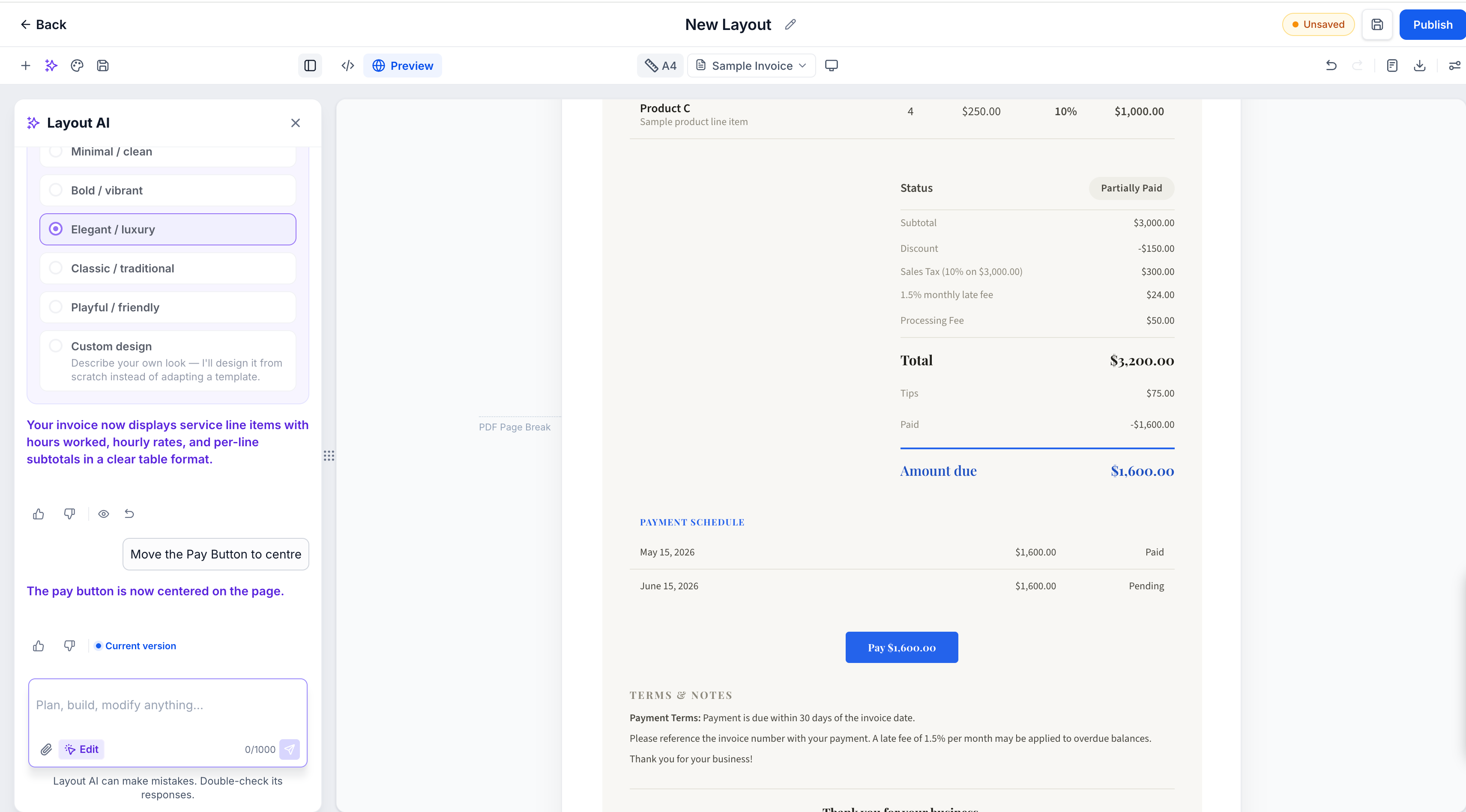 GoHighLevel invoice layout editor showing totals, payment schedule, Pay button, and terms and notes GoHighLevel invoice layout editor showing totals, payment schedule, Pay button, and terms and notes