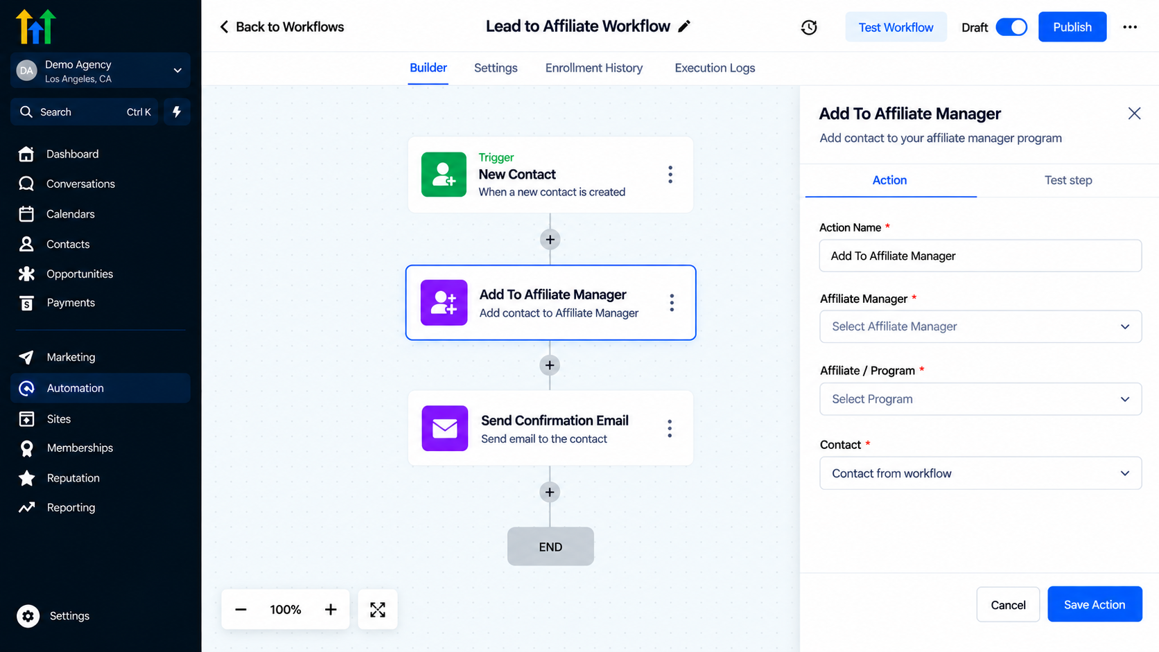 GoHighLevel workflow builder displaying the Lead to Affiliate Workflow with Add To Affiliate Manager action settings GoHighLevel workflow builder displaying the Lead to Affiliate Workflow with Add To Affiliate Manager action settings