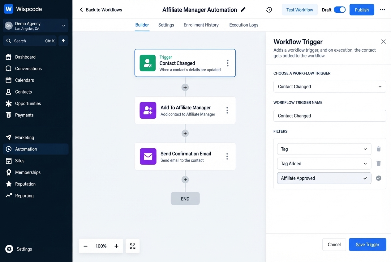 GoHighLevel workflow builder displaying Affiliate Manager Automation with Contact Changed trigger settings GoHighLevel workflow builder displaying Affiliate Manager Automation with Contact Changed trigger settings