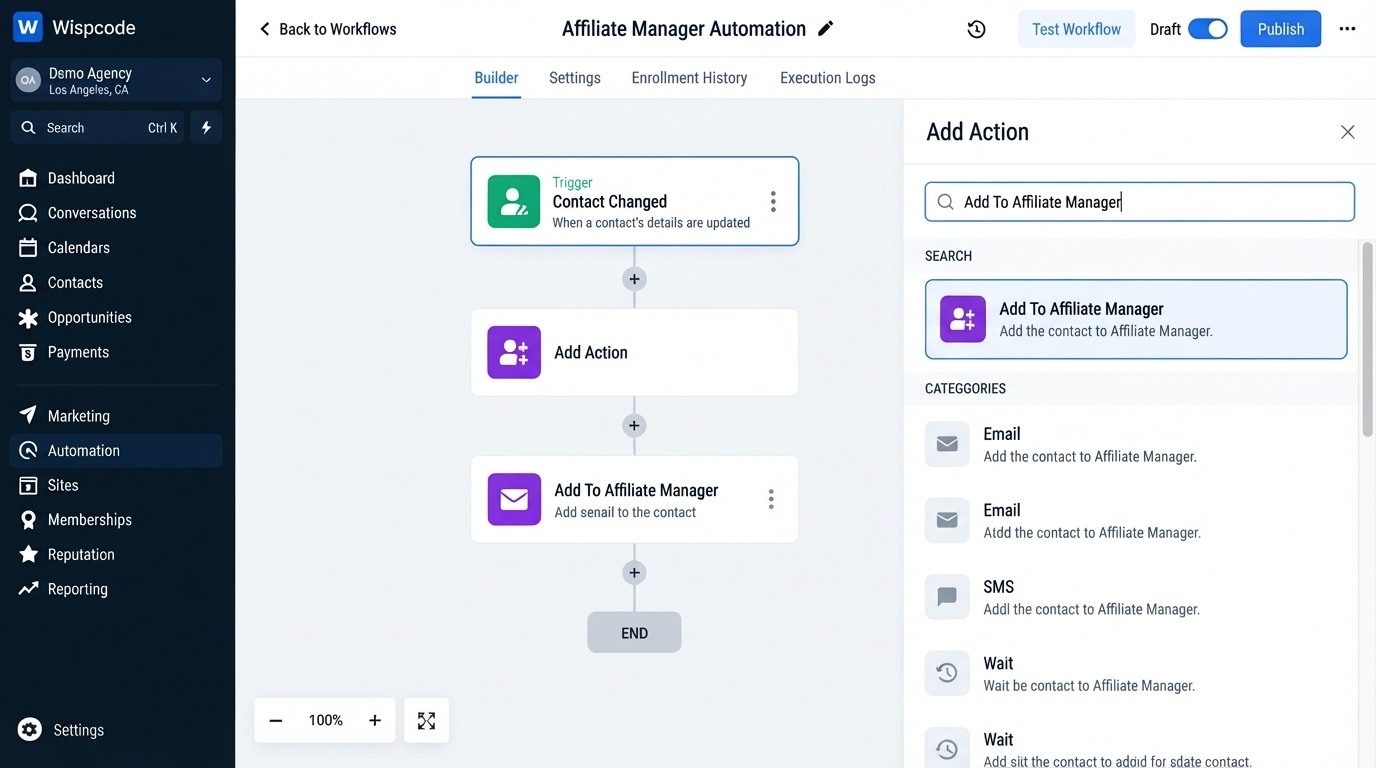 GoHighLevel workflow builder displaying Affiliate Manager Automation with Contact Changed trigger settings GoHighLevel workflow builder displaying Affiliate Manager Automation with Contact Changed trigger settings