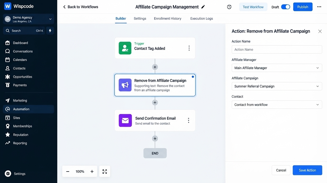 GoHighLevel workflow builder displaying the Affiliate Campaign Management workflow interface GoHighLevel workflow builder displaying the Affiliate Campaign Management workflow interface