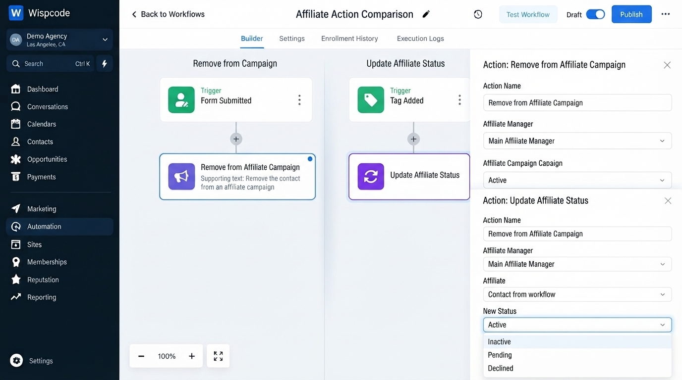 GoHighLevel workflow builder displaying Affiliate Action Comparison with multiple automation branches and status settings GoHighLevel workflow builder displaying Affiliate Action Comparison with multiple automation branches and status settings