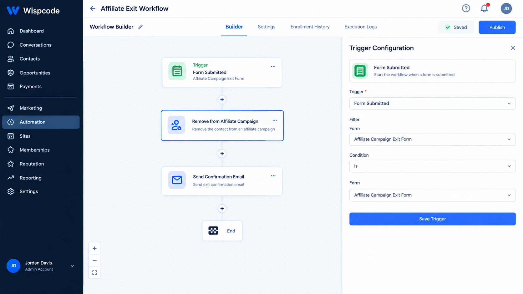 GoHighLevel workflow builder displaying Affiliate Exit Workflow with Form Submitted trigger configuration settings GoHighLevel workflow builder displaying Affiliate Exit Workflow with Form Submitted trigger configuration settings
