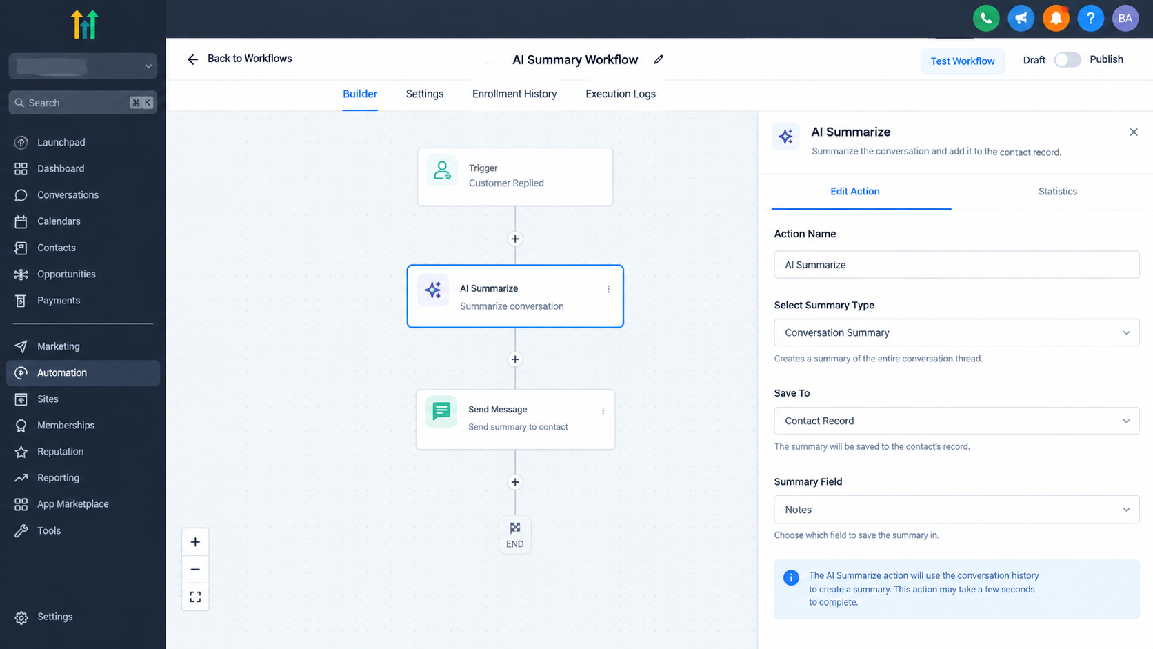 GoHighLevel Workflow Builder showing the AI Summarize Action GoHighLevel Workflow Builder showing the AI Summarize Action