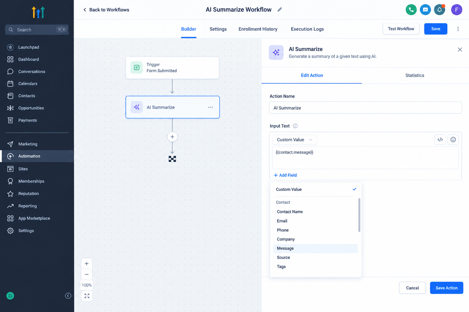 GoHighLevel AI Summarize Action showing the Input Text configuration GoHighLevel AI Summarize Action showing the Input Text configuration
