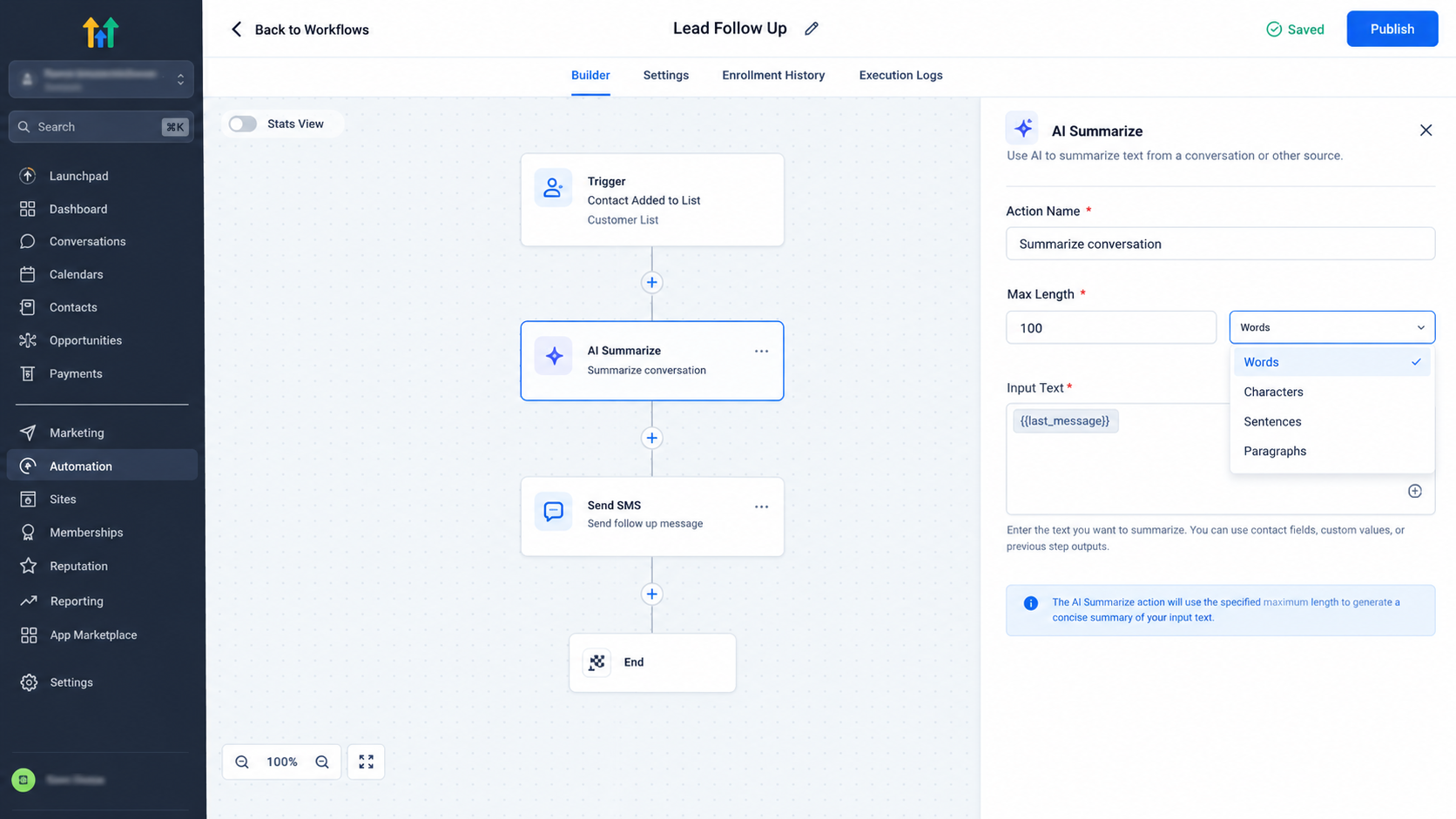 GoHighLevel AI Summarize Action maximum summary length settings GoHighLevel AI Summarize Action maximum summary length settings