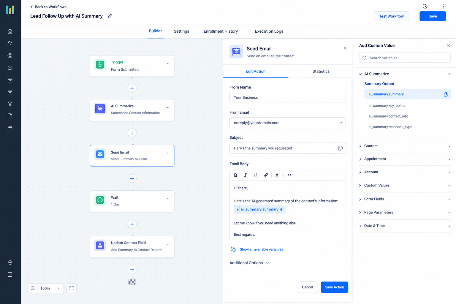 GoHighLevel workflow using the AI Summarize output in a subsequent action GoHighLevel workflow using the AI Summarize output in a subsequent action