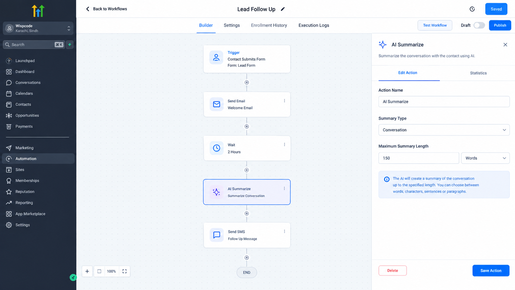 GoHighLevel workflow with AI Summarize Action used for customer information GoHighLevel workflow with AI Summarize Action used for customer information