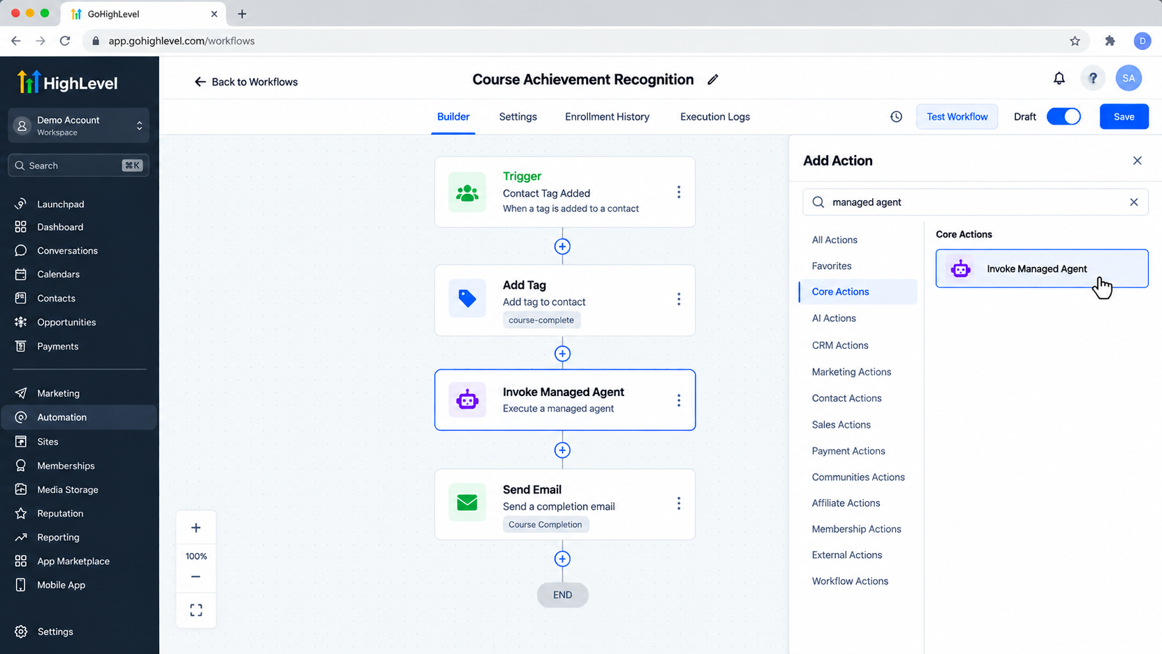 GoHighLevel Workflow Builder displaying the Invoke Managed Agent action added to an automation workflow