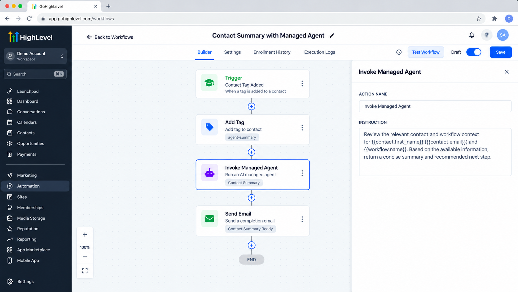 GoHighLevel Invoke Managed Agent action showing an instruction prompt with contact and workflow context variables