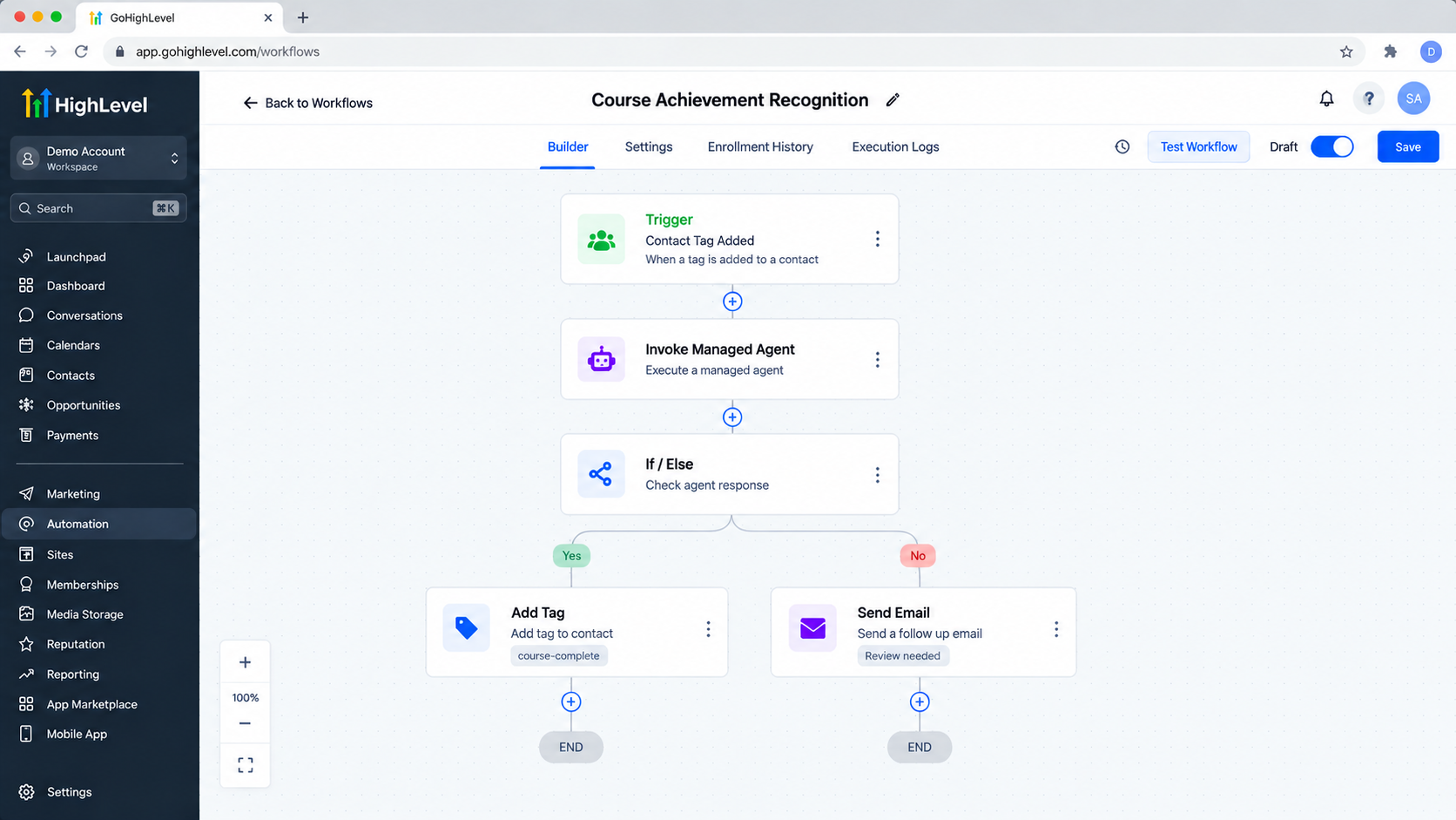 GoHighLevel Workflow Builder showing Invoke Managed Agent followed by a workflow branch using the agent response