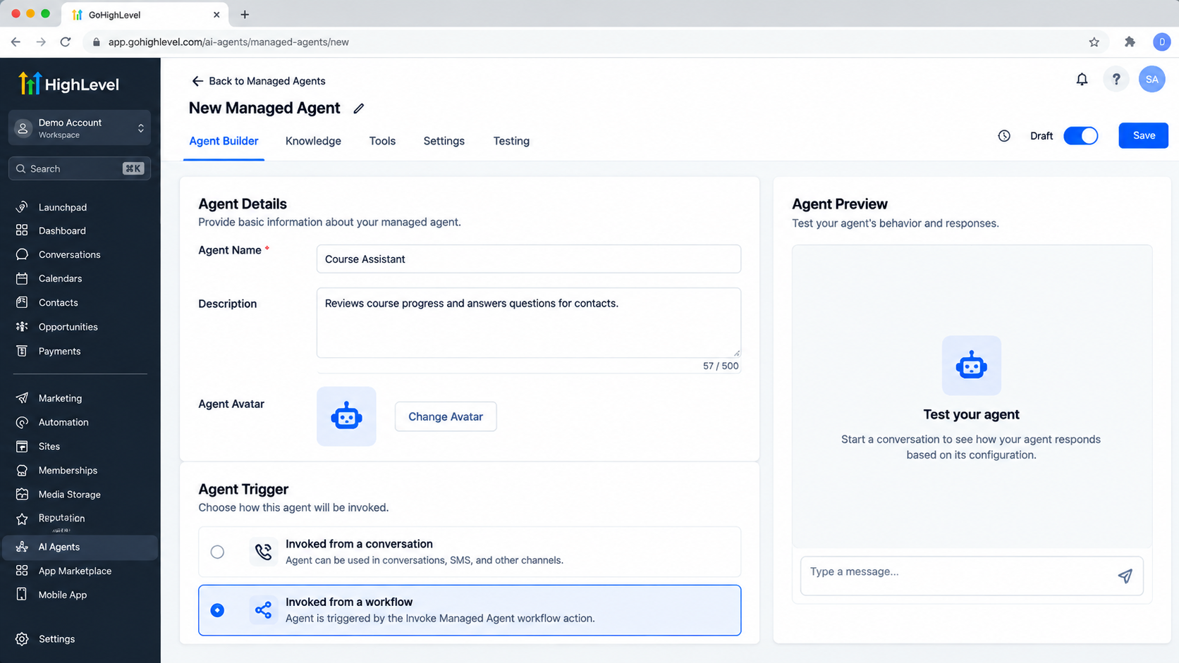 GoHighLevel Managed Agent setup page showing the Invoked from a workflow trigger option selected