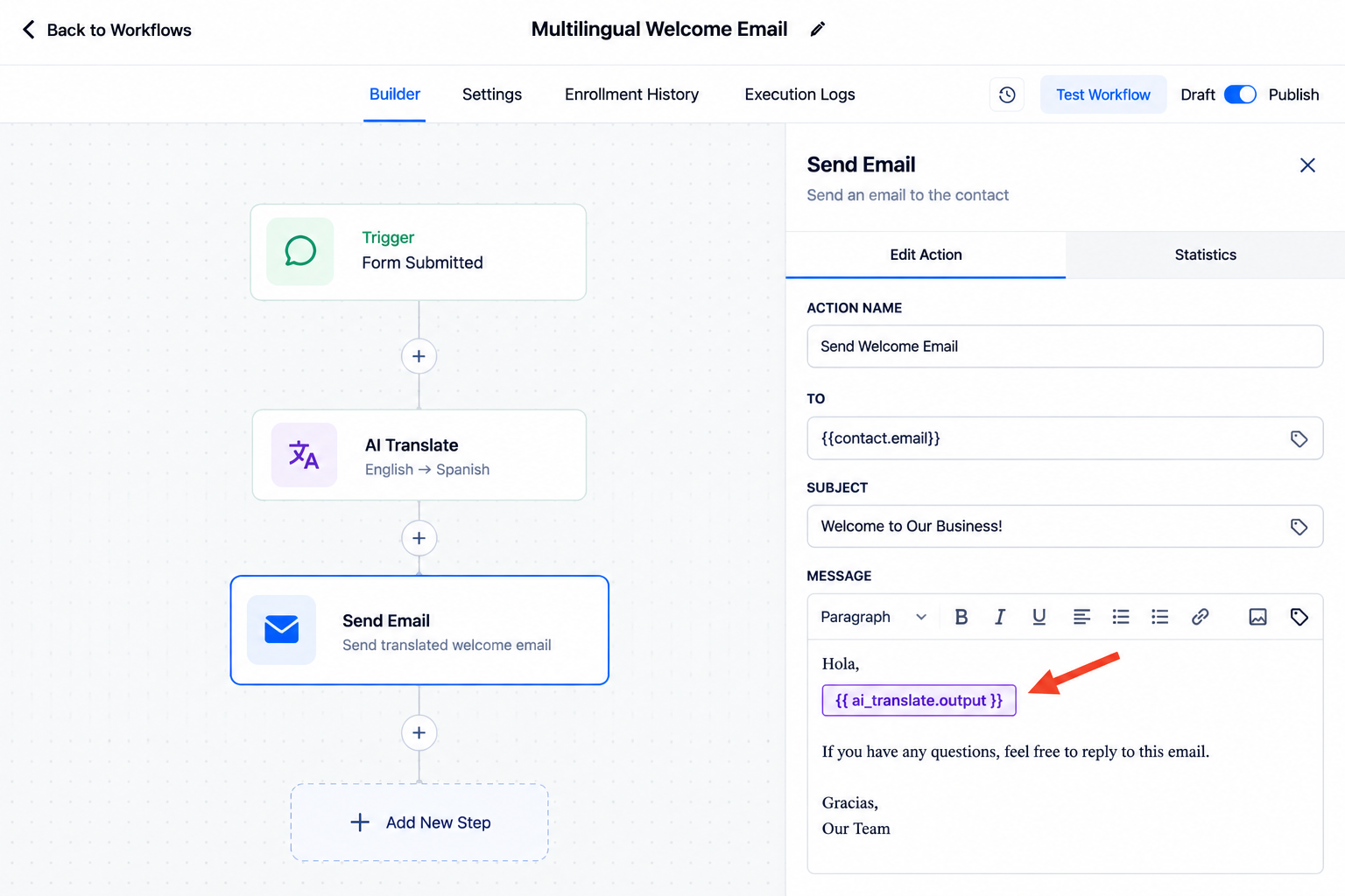 GoHighLevel workflow using AI Translate output in a subsequent email action for multilingual communication. GoHighLevel workflow using AI Translate output in a subsequent email action for multilingual communication.