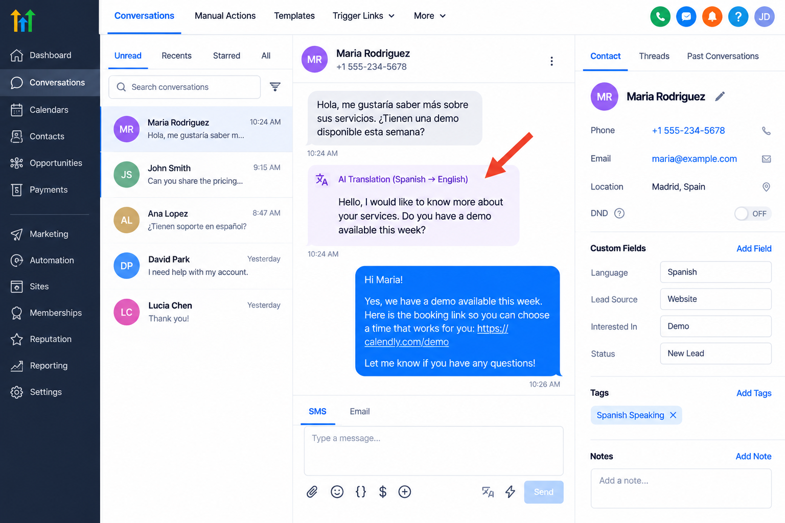 Multilingual customer conversation showing Spanish text translated into English using AI translation in a CRM. Multilingual customer conversation showing Spanish text translated into English using AI translation in a CRM.