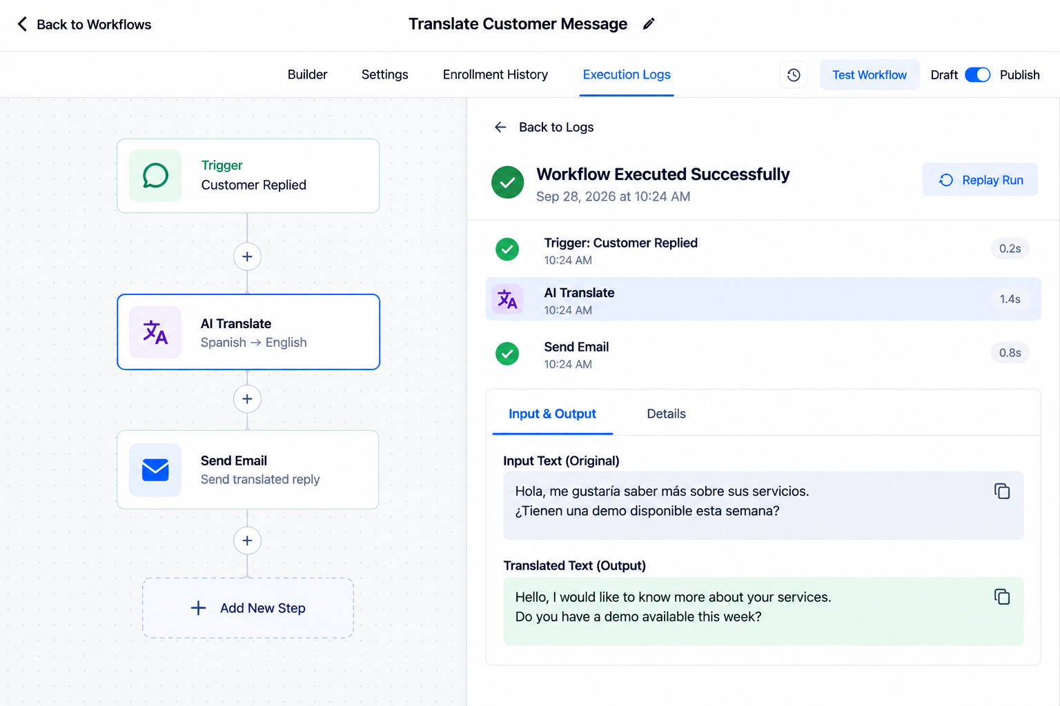 GoHighLevel AI Translate workflow execution showing original text and translated output for workflow testing. GoHighLevel AI Translate workflow execution showing original text and translated output for workflow testing.