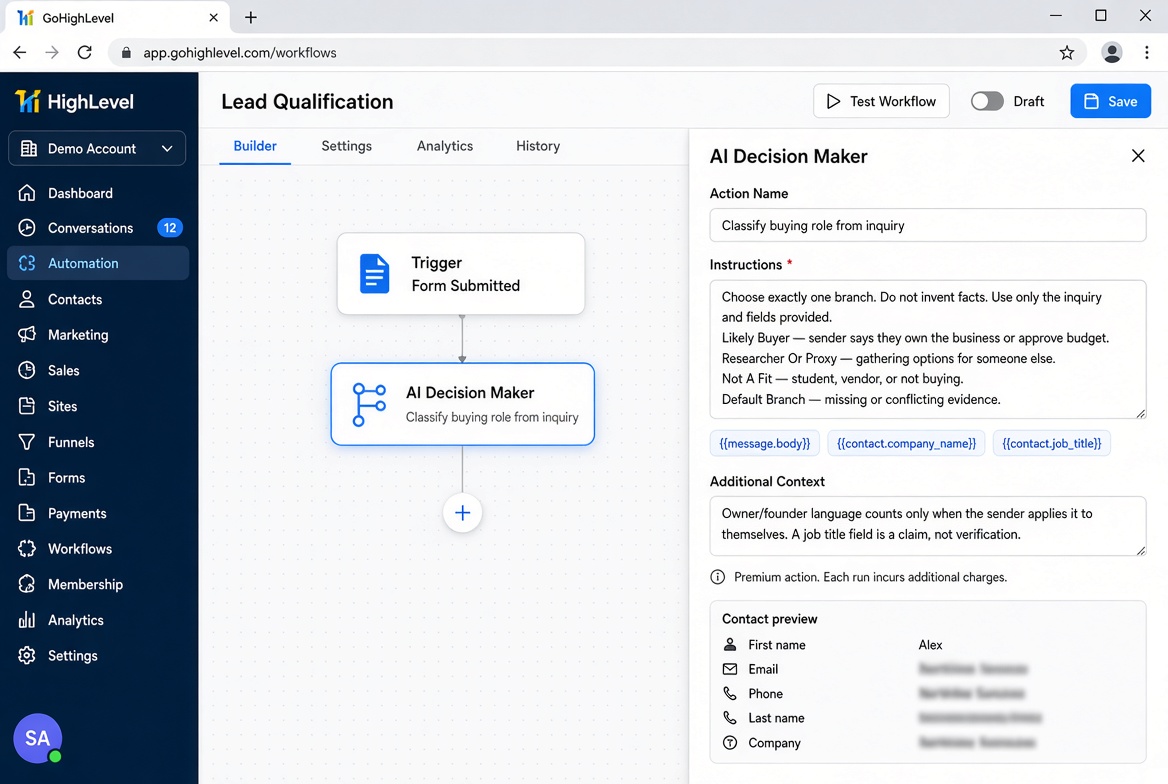 AI Decision Maker settings for Classify buying role from inquiry. Instructions define Likely Buyer, Researcher Or Proxy, Not A Fit, and Default Branch. Merge fields include message body, company name, and job title. Email, phone, and last name in the contact preview are blurred. AI Decision Maker settings for Classify buying role from inquiry. Instructions define Likely Buyer, Researcher Or Proxy, Not A Fit, and Default Branch. Merge fields include message body, company name, and job title. Email, phone, and last name in the contact preview are blurred.