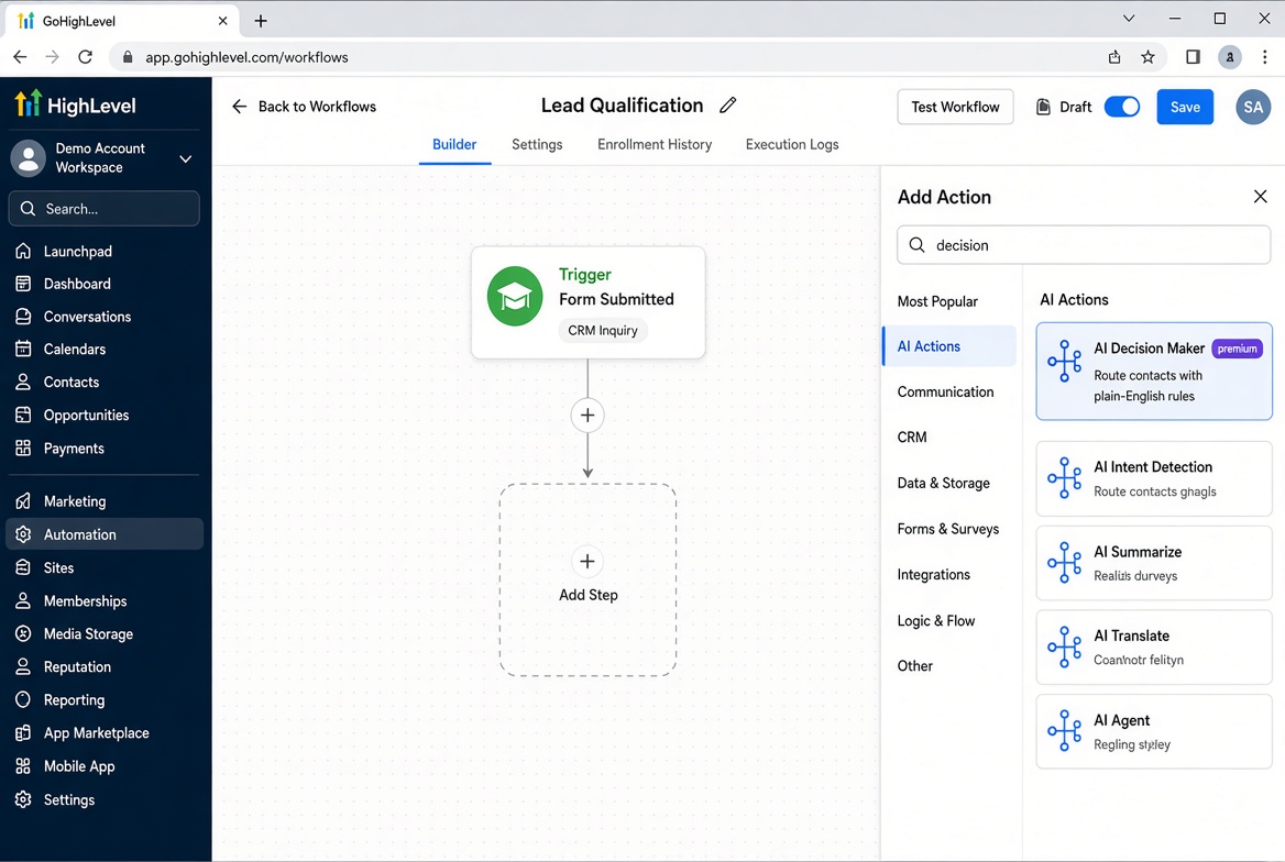 HighLevel workflow named Lead Qualification with a Form Submitted trigger. The Add Action panel is open, AI Actions is selected, and AI Decision Maker is highlighted as a premium action. HighLevel workflow named Lead Qualification with a Form Submitted trigger. The Add Action panel is open, AI Actions is selected, and AI Decision Maker is highlighted as a premium action.