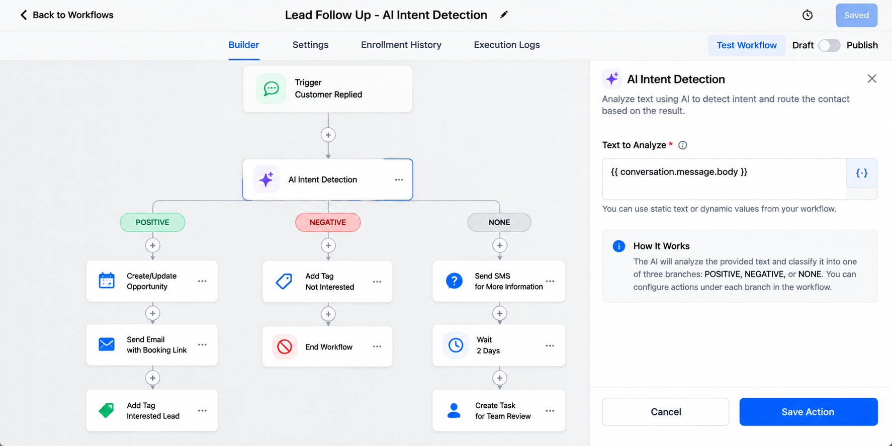 GoHighLevel AI Intent Detection workflow showing customer reply classification with positive, negative, and unclear response automation paths. GoHighLevel AI Intent Detection workflow showing customer reply classification with positive, negative, and unclear response automation paths.