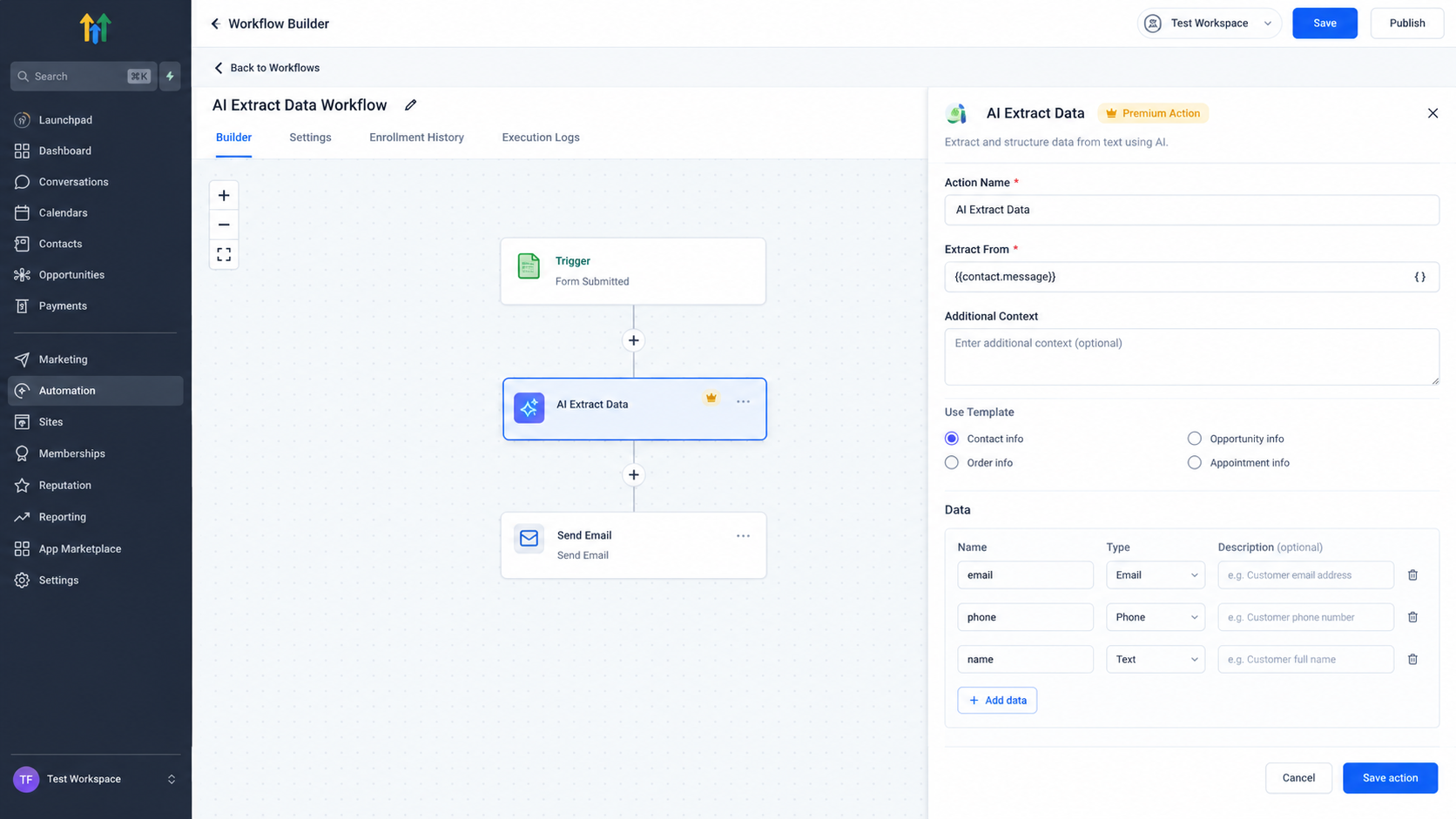 GoHighLevel AI Extract Data Action in Workflow Builder